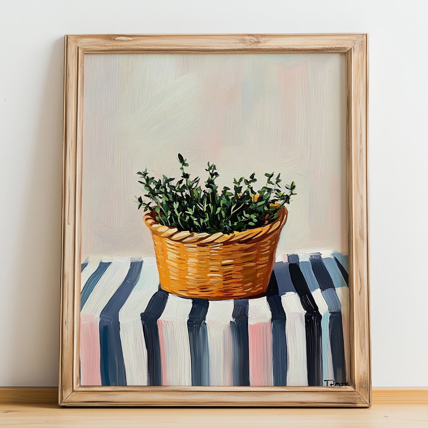 Thyme – on Striped Tablecloth, Fresh Herbs Still Life, no-text version framed in wood
