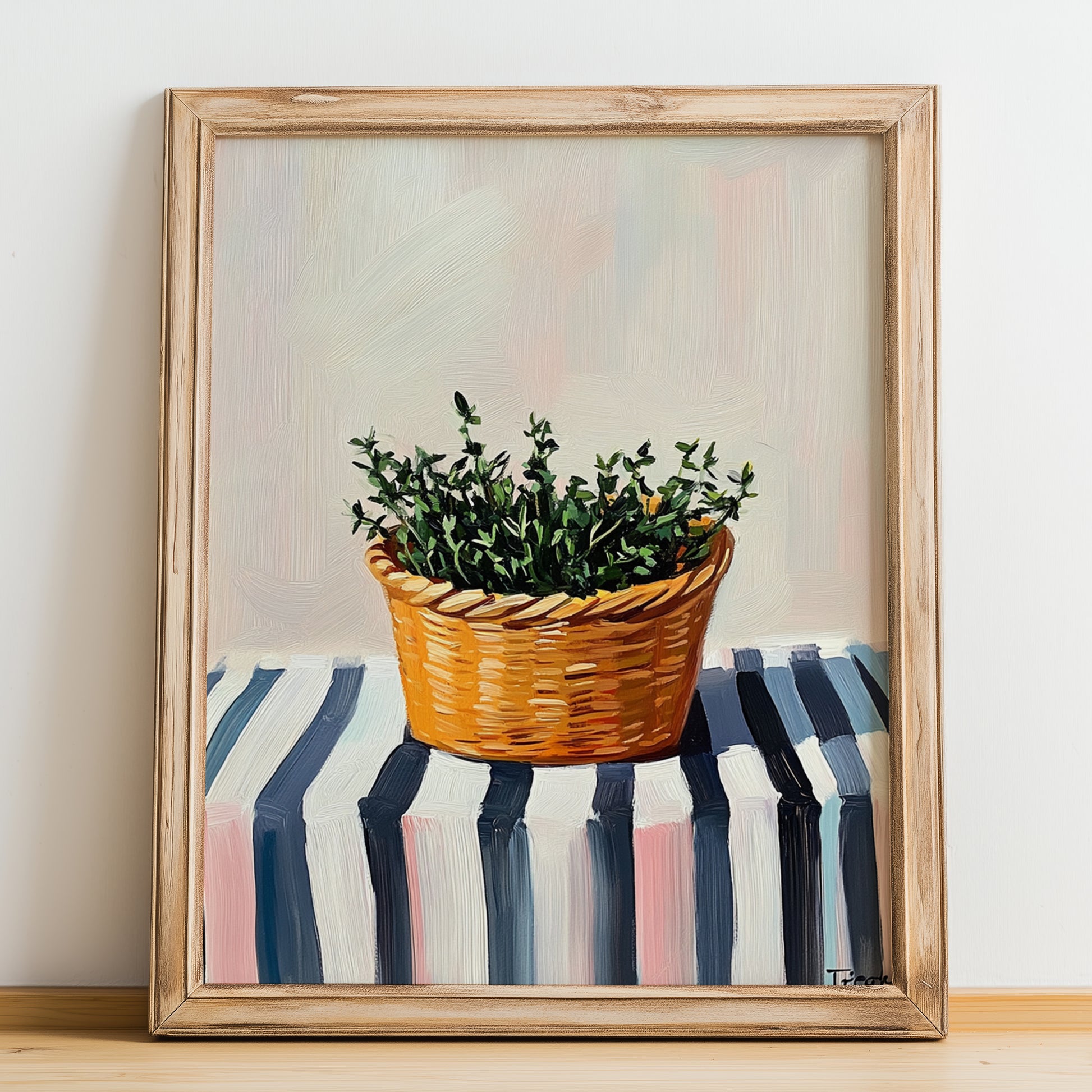 Thyme – on Striped Tablecloth, Fresh Herbs Still Life, no-text version framed in wood
