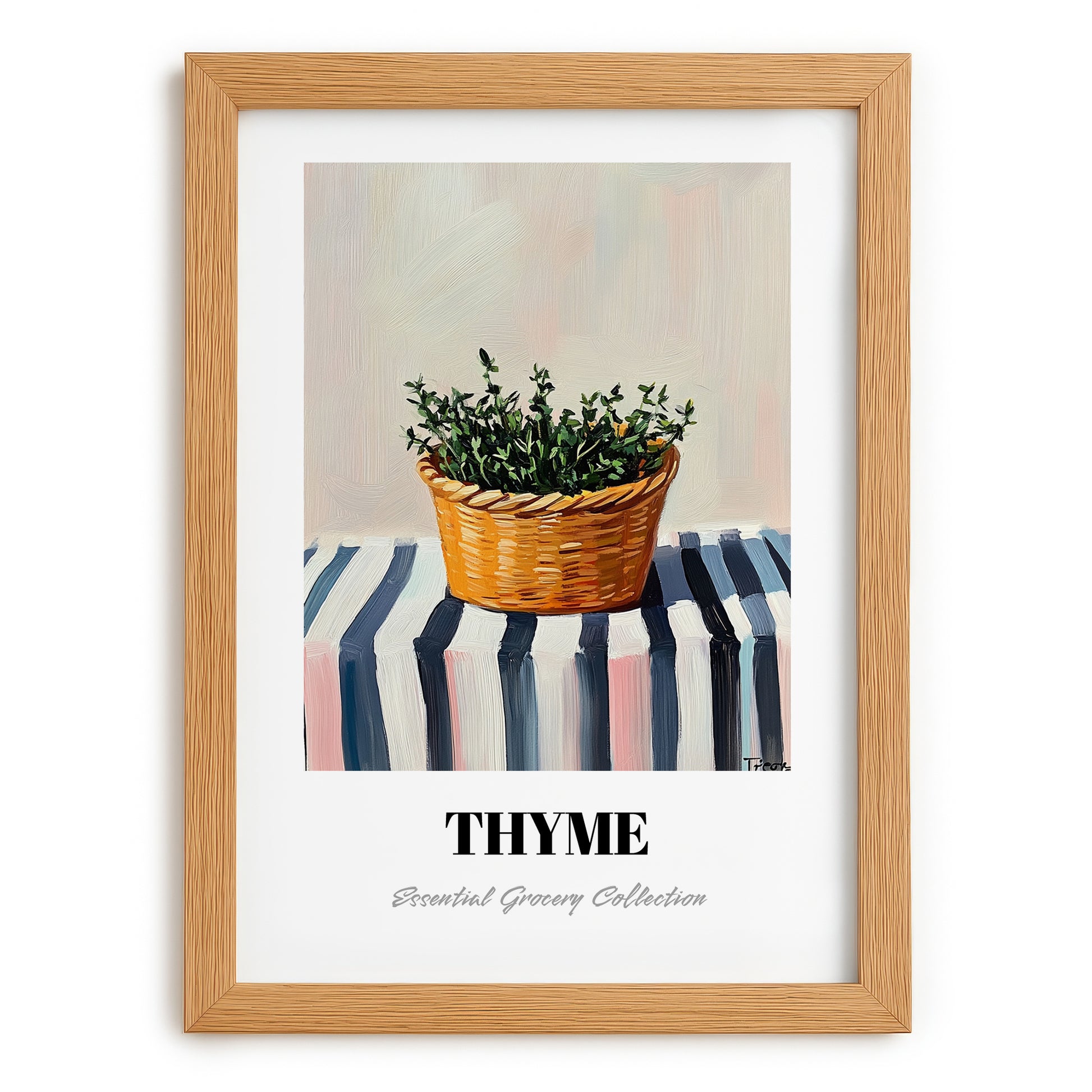 Thyme – on Striped Tablecloth, Fresh Herbs Still Life, set in oak frame