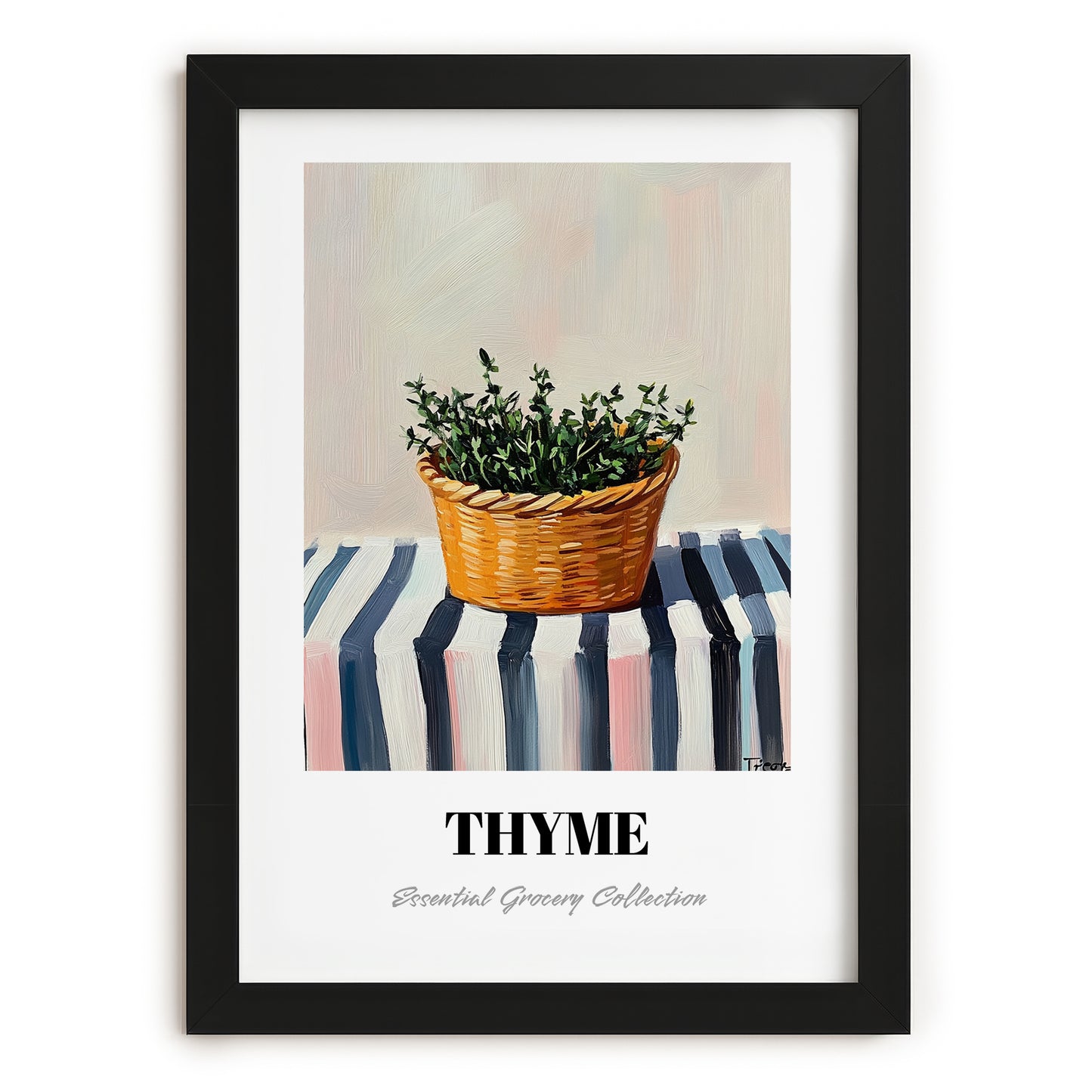 Thyme – on Striped Tablecloth, Fresh Herbs Still Life, in sleek black frame