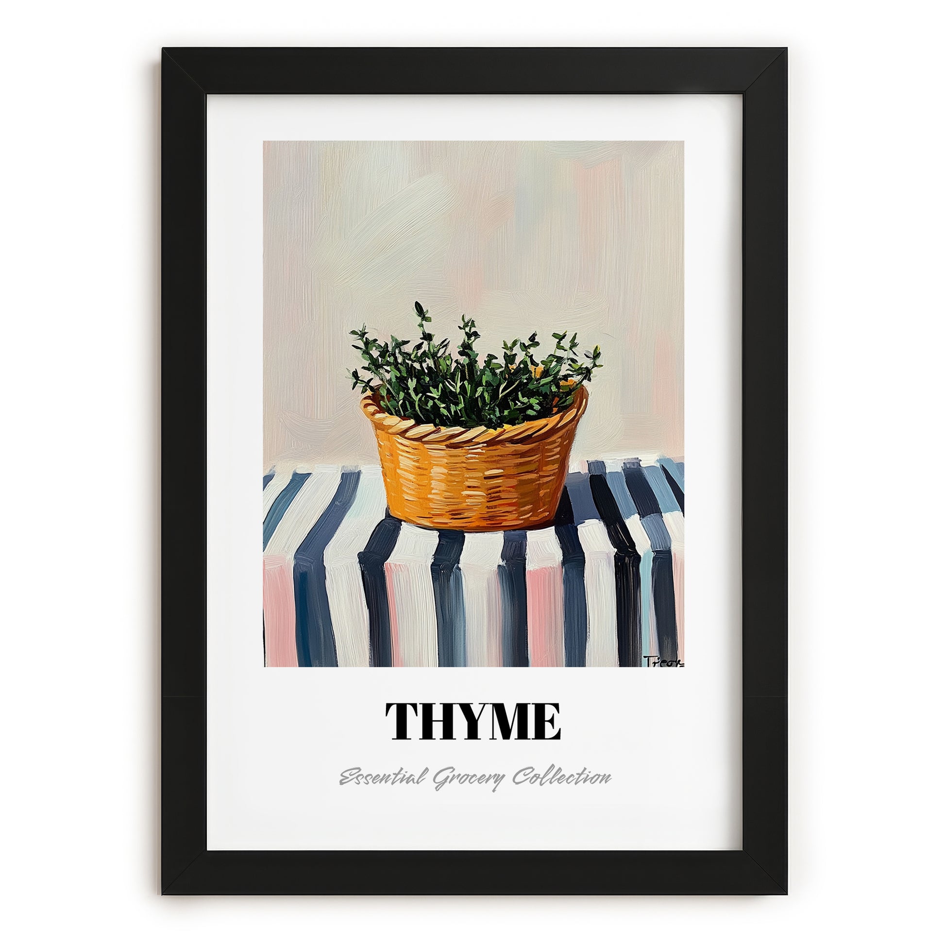 Thyme – on Striped Tablecloth, Fresh Herbs Still Life, in sleek black frame