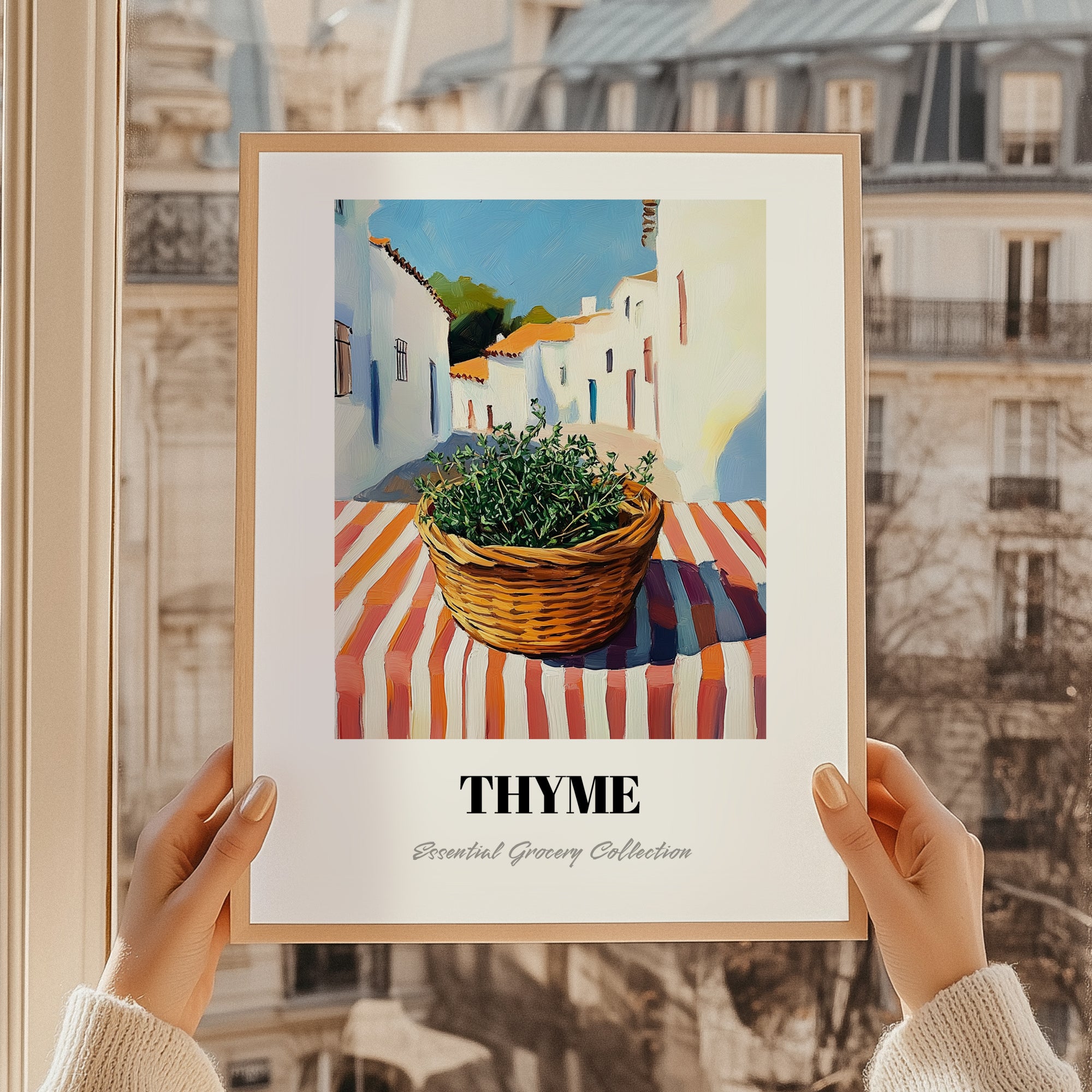 Thyme – White village Street Café Scene, Fresh Herbs Wall Decor, styled in a charming Paris street view