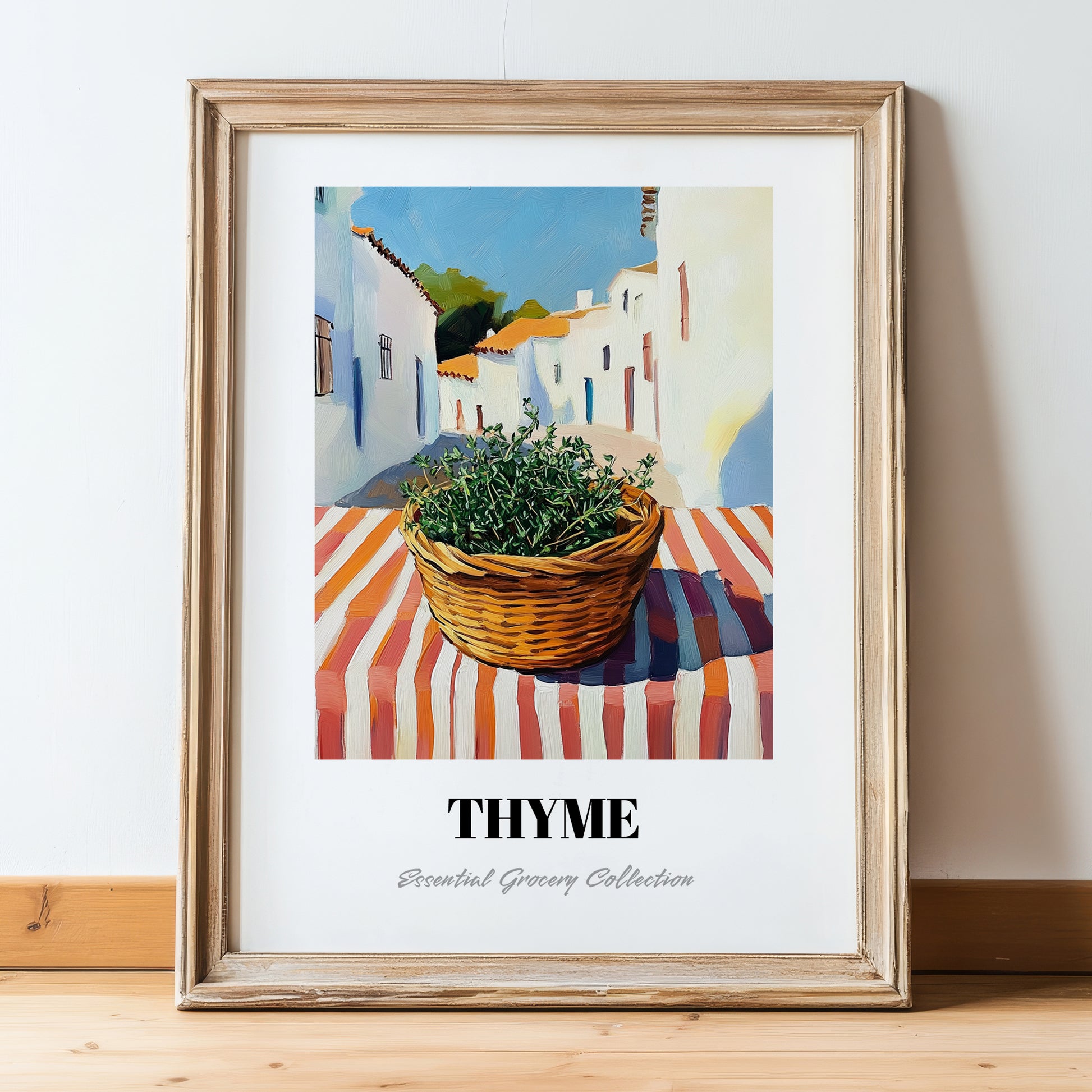 Thyme – White village Street Café Scene, Fresh Herbs Wall Decor, in wooden frame leaning on the floor
