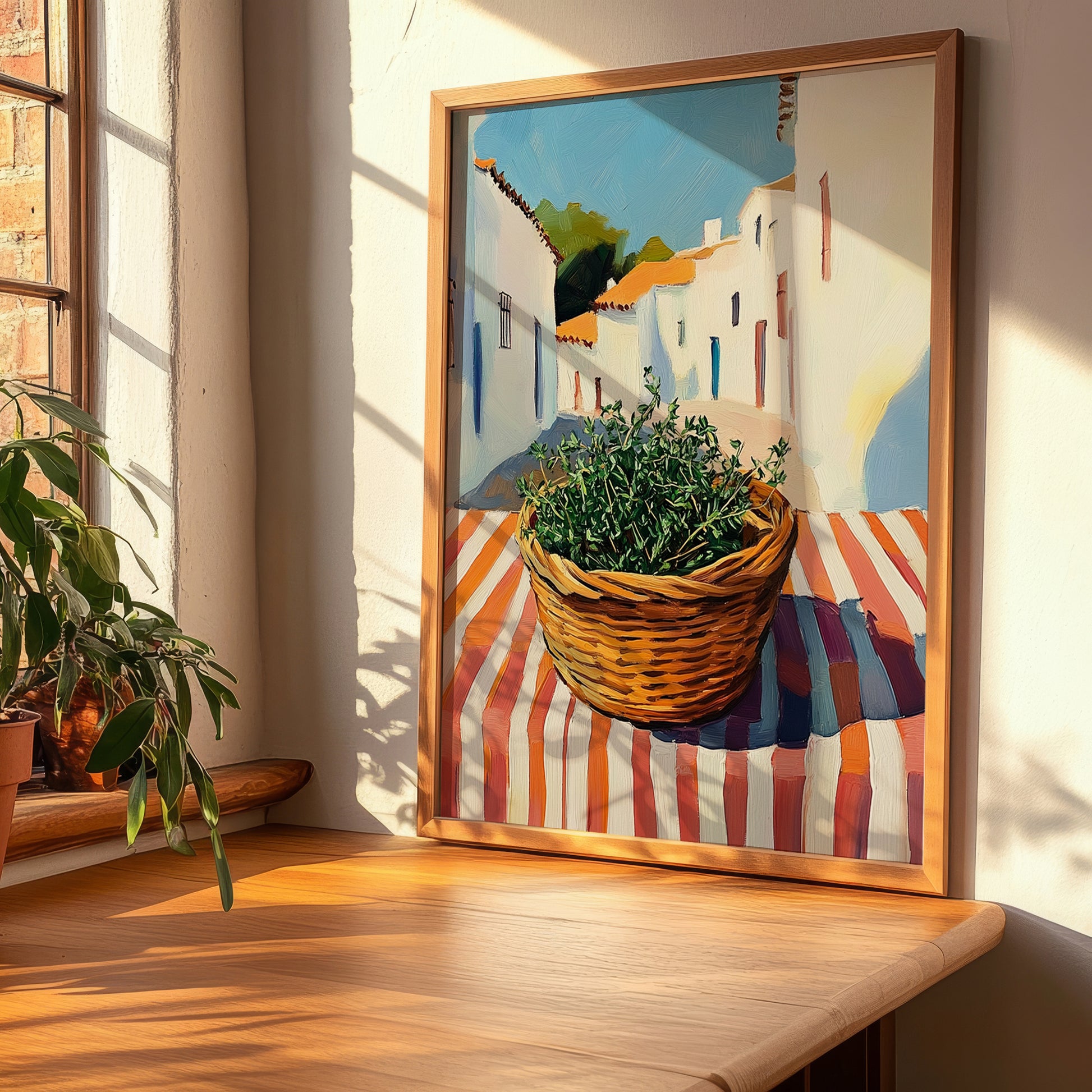 Thyme – White village Street Café Scene, Fresh Herbs Wall Decor, clean layout with no caption