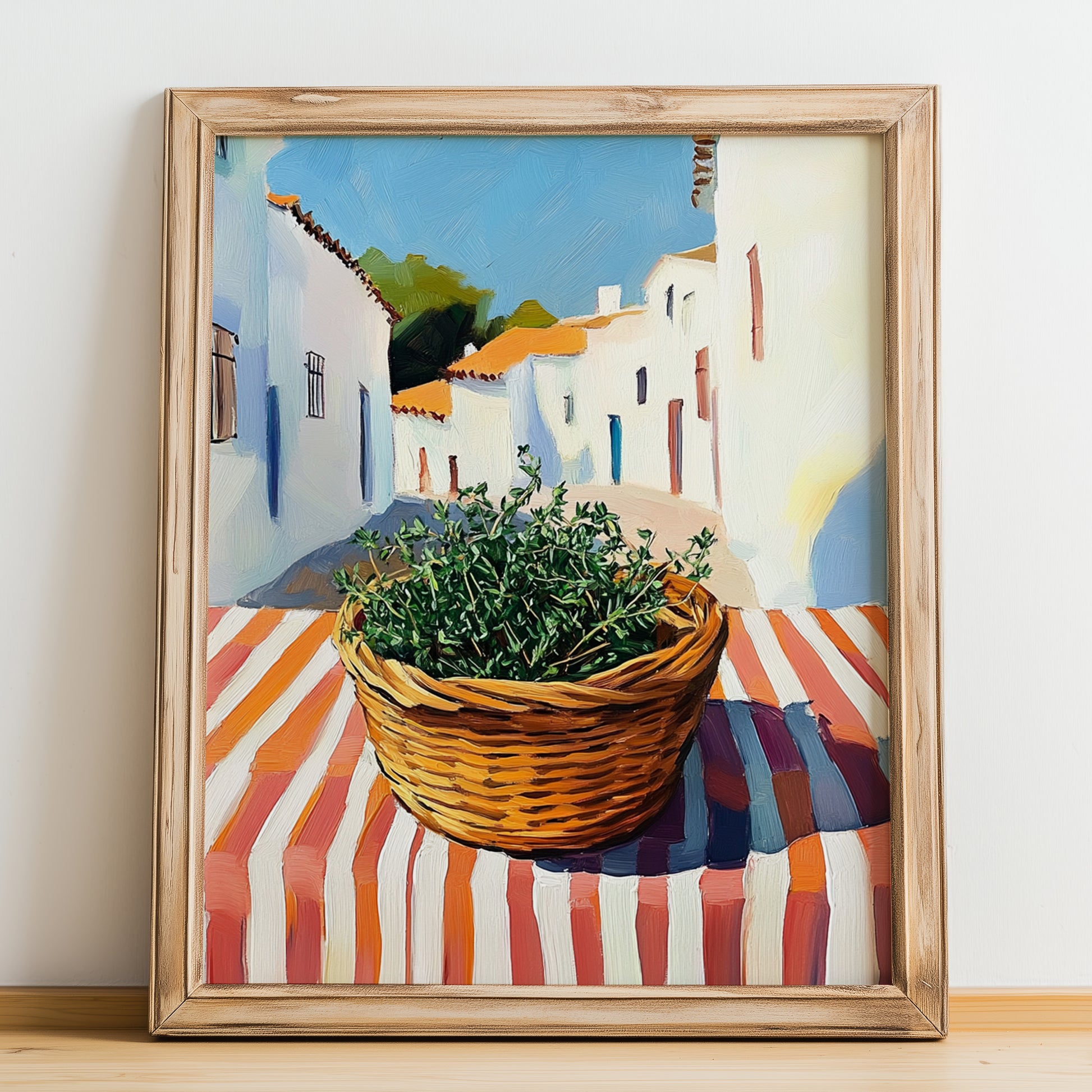 Thyme – White village Street Café Scene, Fresh Herbs Wall Decor, no-text version framed in wood