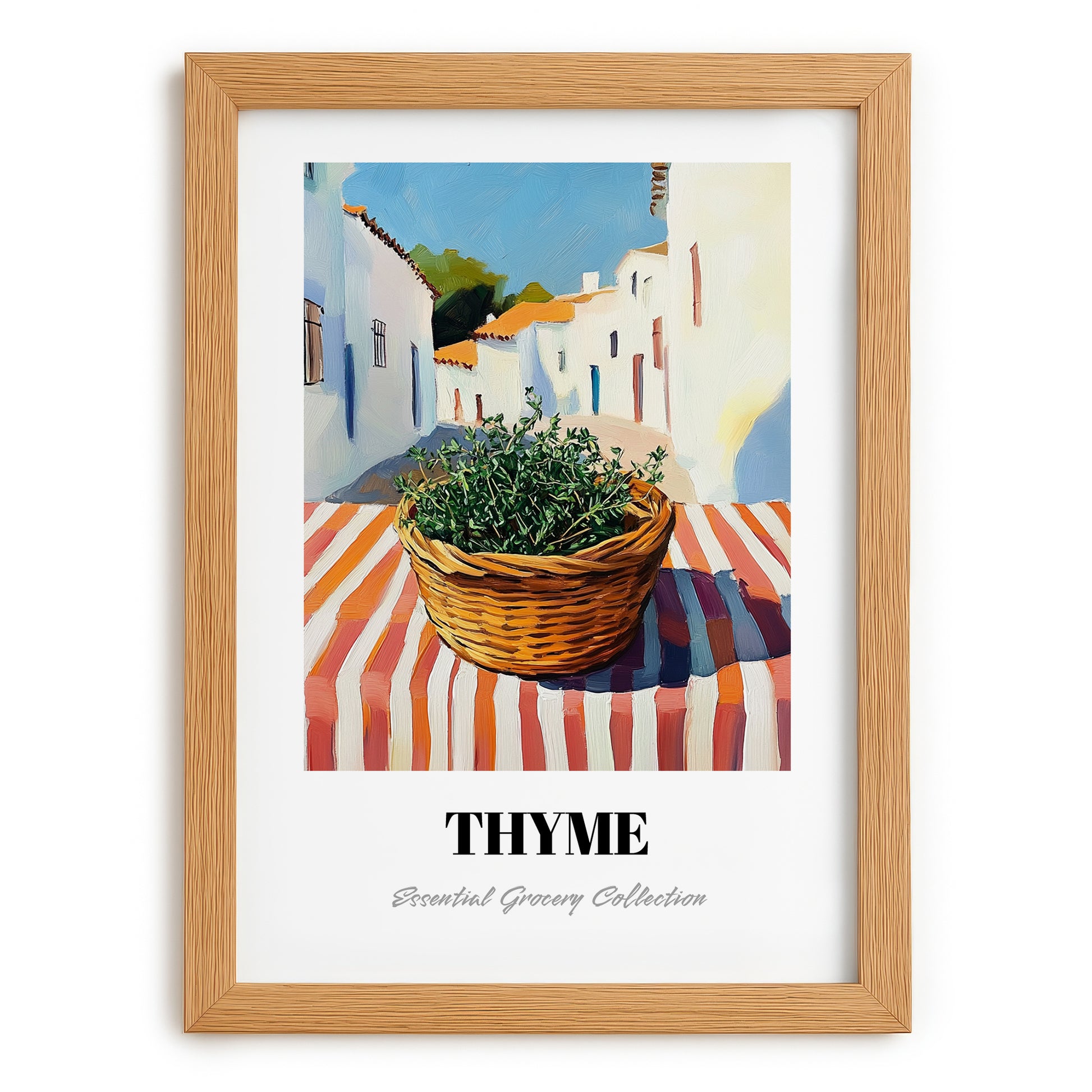 Thyme – White village Street Café Scene, Fresh Herbs Wall Decor, set in oak frame