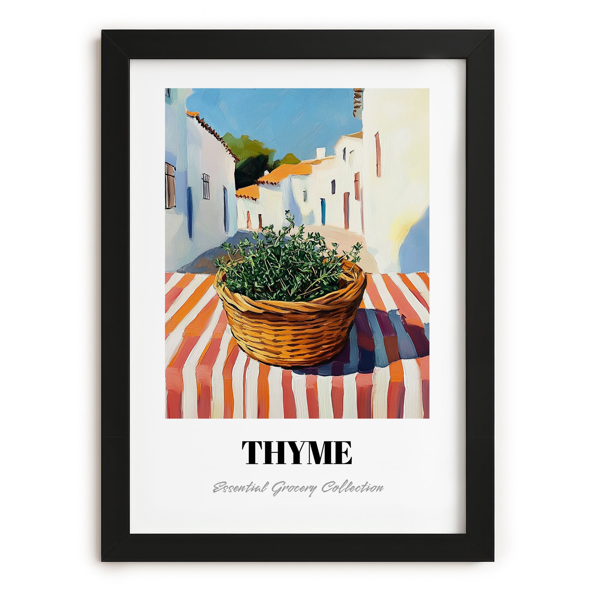 Thyme – White village Street Café Scene, Fresh Herbs Wall Decor, in sleek black frame