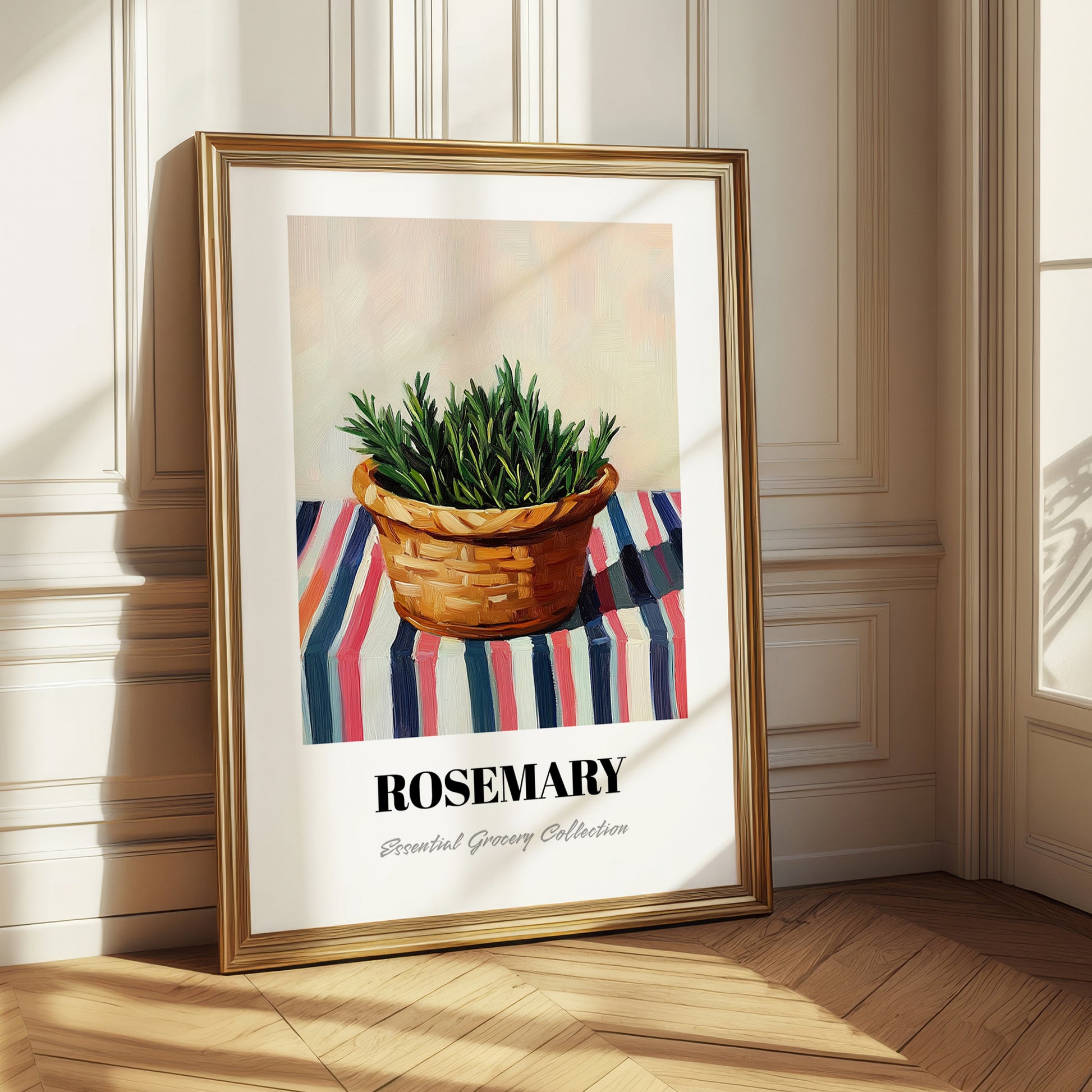 Rosemary – on Striped Tablecloth, Fresh Herbs Print