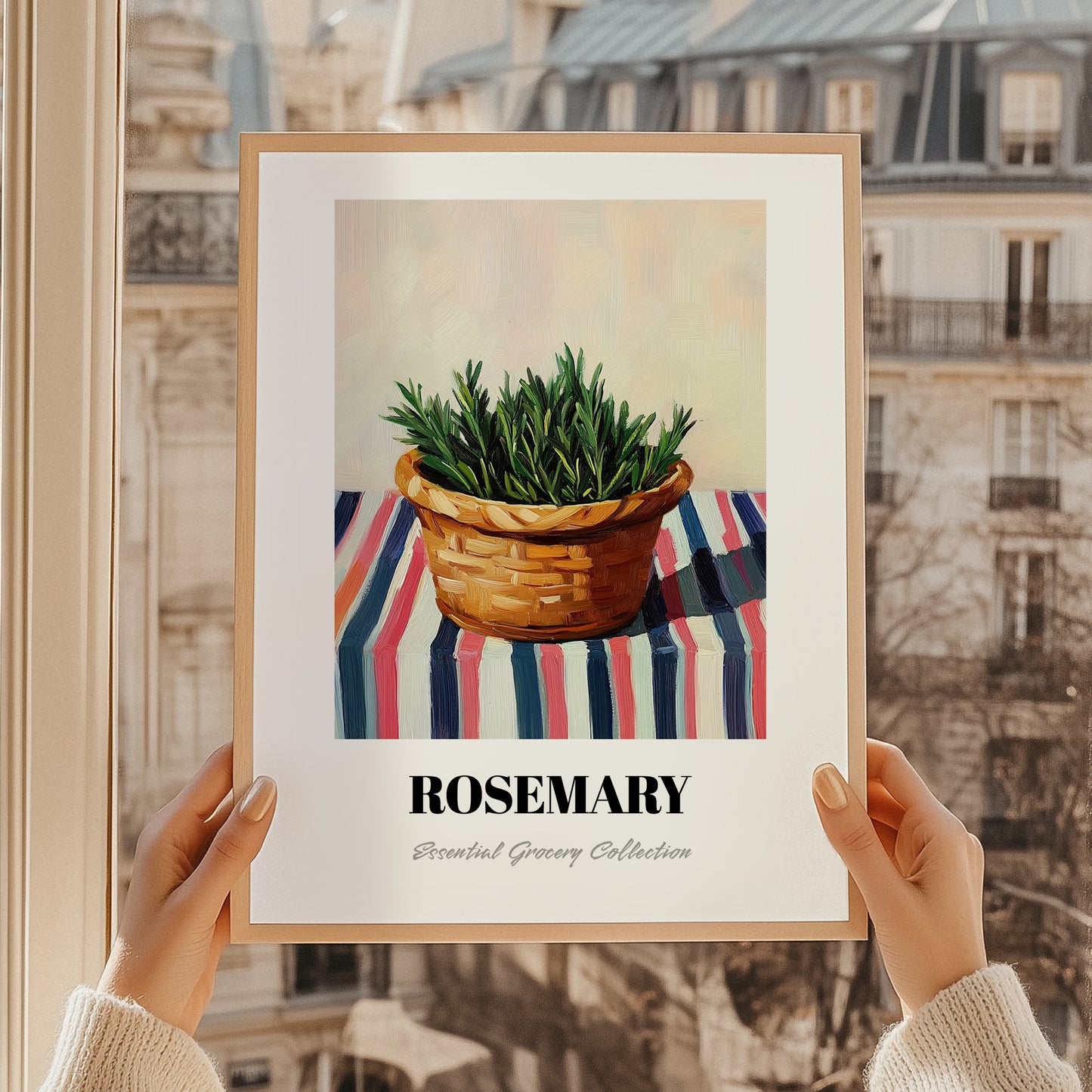 Rosemary – on Striped Tablecloth, Fresh Herbs Print, styled in a charming Paris street view