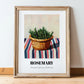 Rosemary – on Striped Tablecloth, Fresh Herbs Print, in wooden frame leaning on the floor