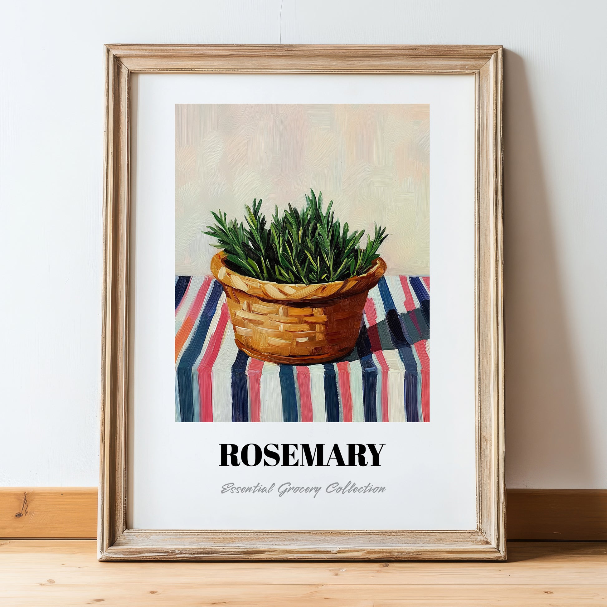 Rosemary – on Striped Tablecloth, Fresh Herbs Print, in wooden frame leaning on the floor