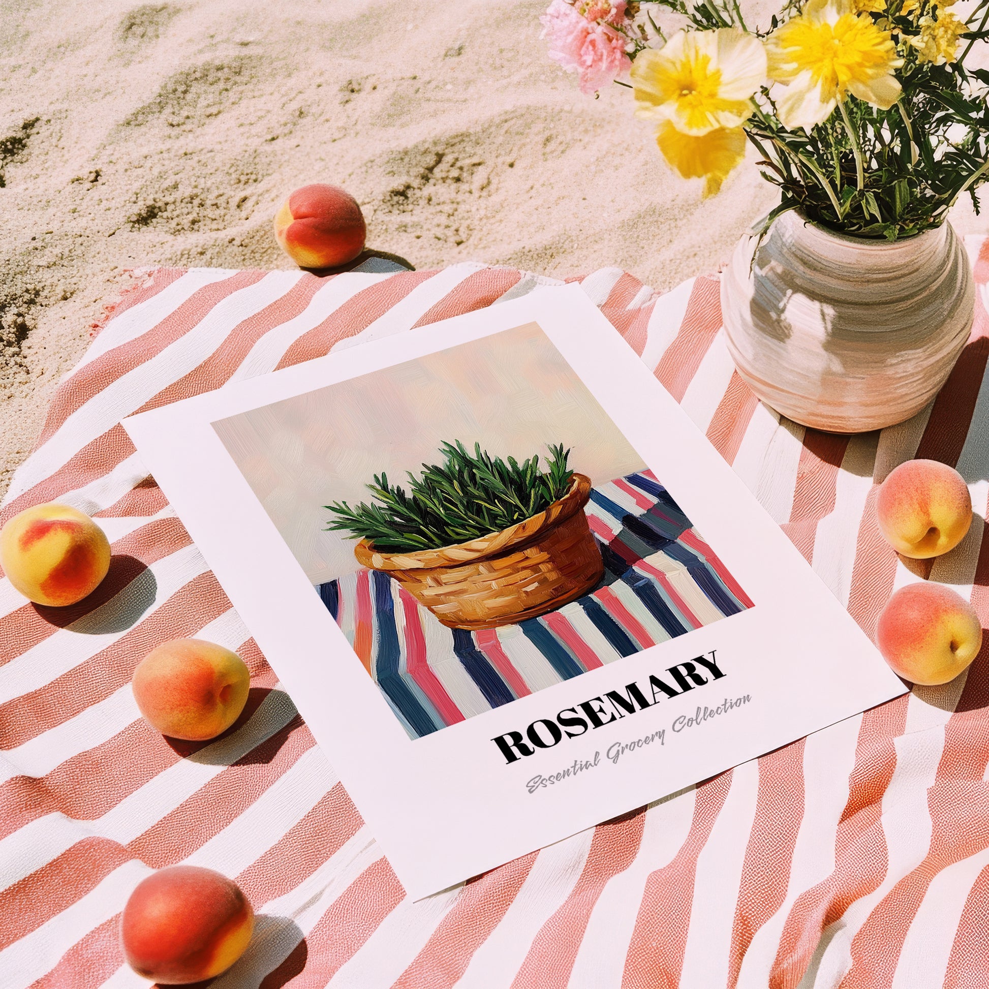 Rosemary – on Striped Tablecloth, Fresh Herbs Print, unframed on coastal sand