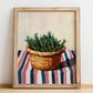 Rosemary – on Striped Tablecloth, Fresh Herbs Print, no-text version framed in wood