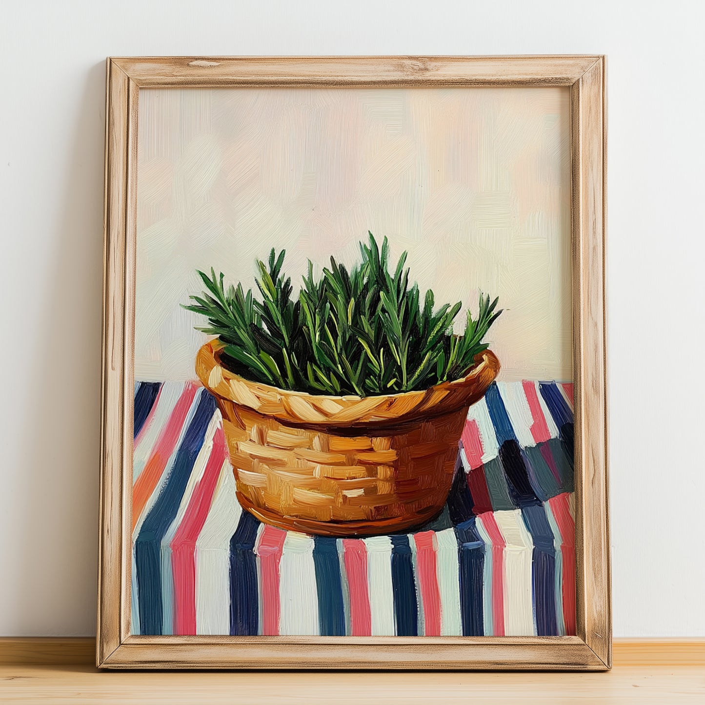 Rosemary – on Striped Tablecloth, Fresh Herbs Print, no-text version framed in wood