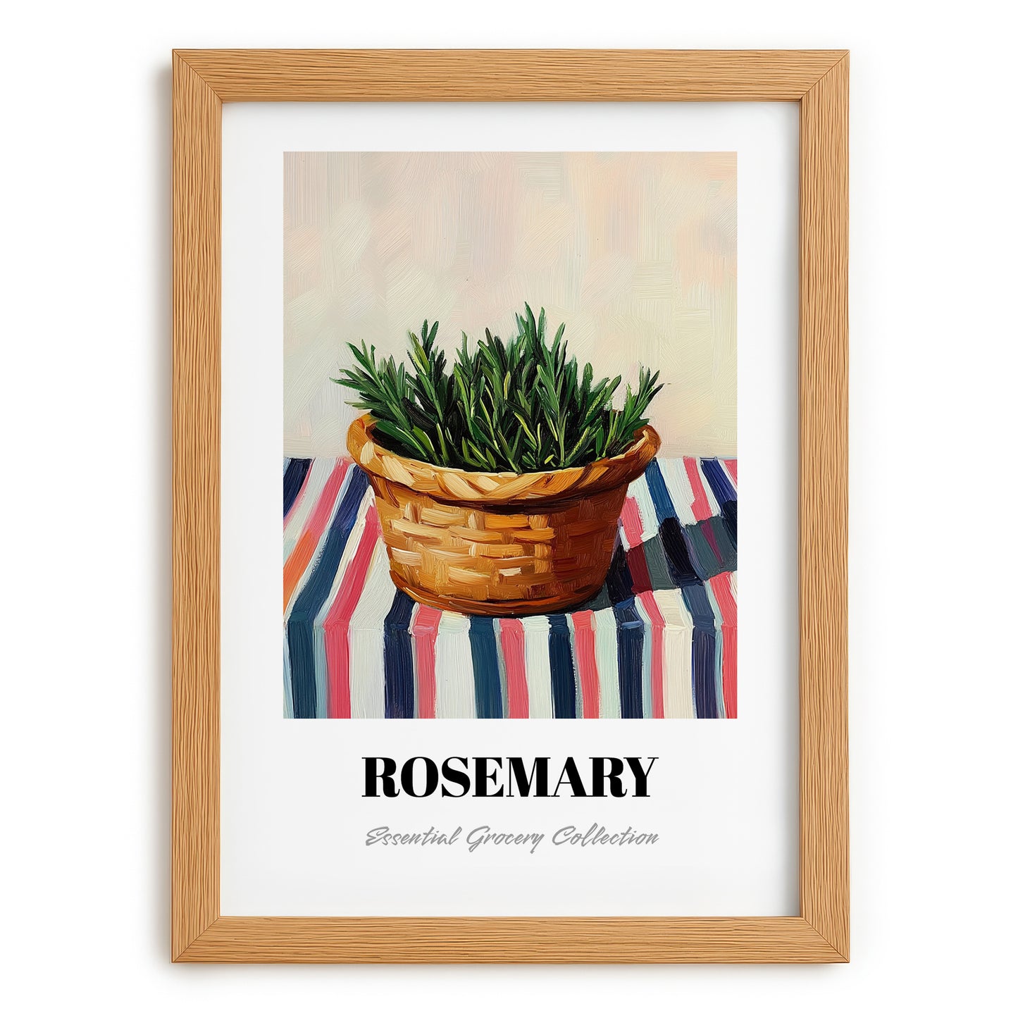 Rosemary – on Striped Tablecloth, Fresh Herbs Print, set in oak frame