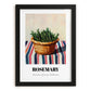 Rosemary – on Striped Tablecloth, Fresh Herbs Print, in sleek black frame