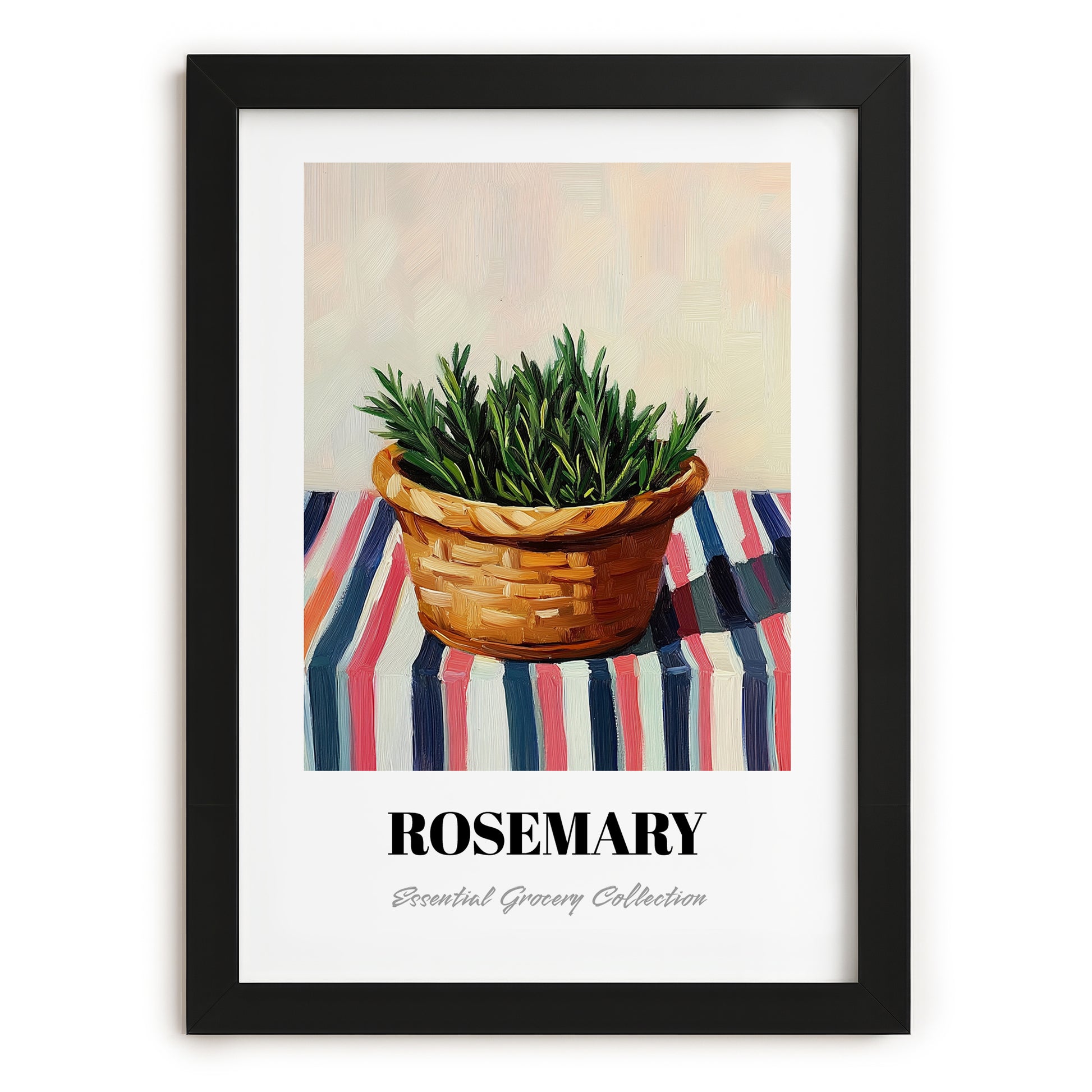 Rosemary – on Striped Tablecloth, Fresh Herbs Print, in sleek black frame