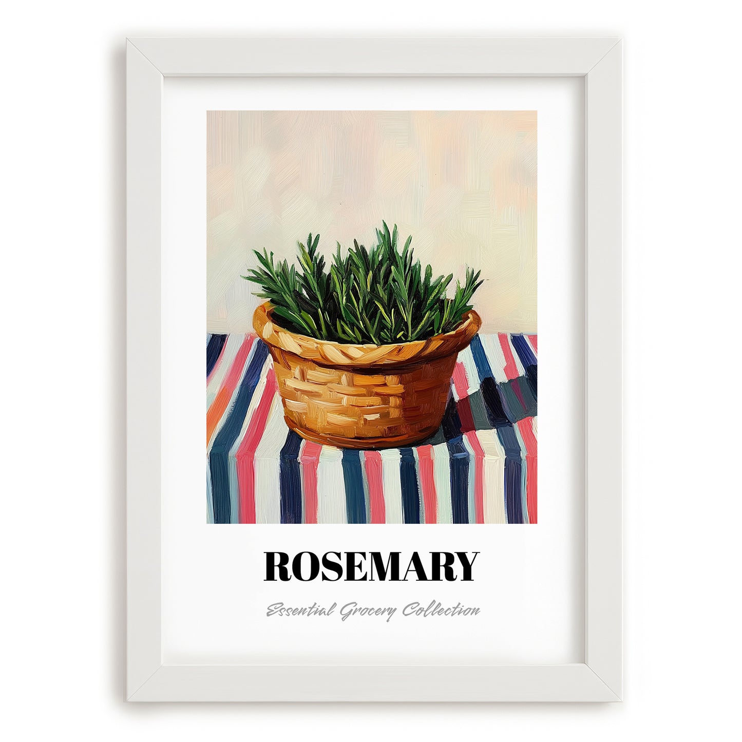 Rosemary – on Striped Tablecloth, Fresh Herbs Print, placed in minimal white frame