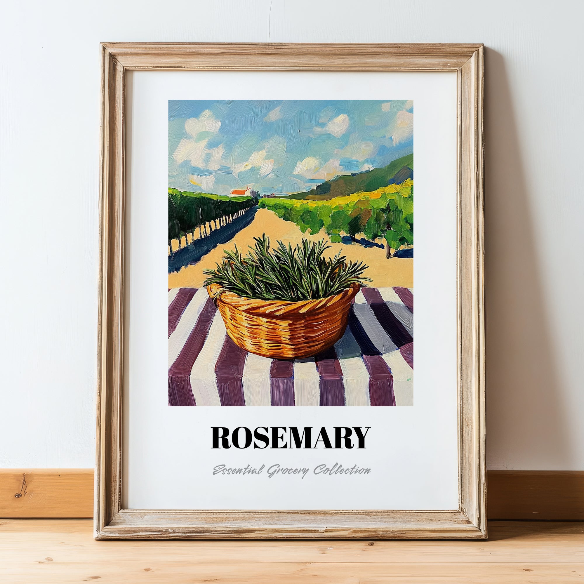 Rosemary – Valley Café Scene, Fresh Herbs Still Life, in wooden frame leaning on the floor