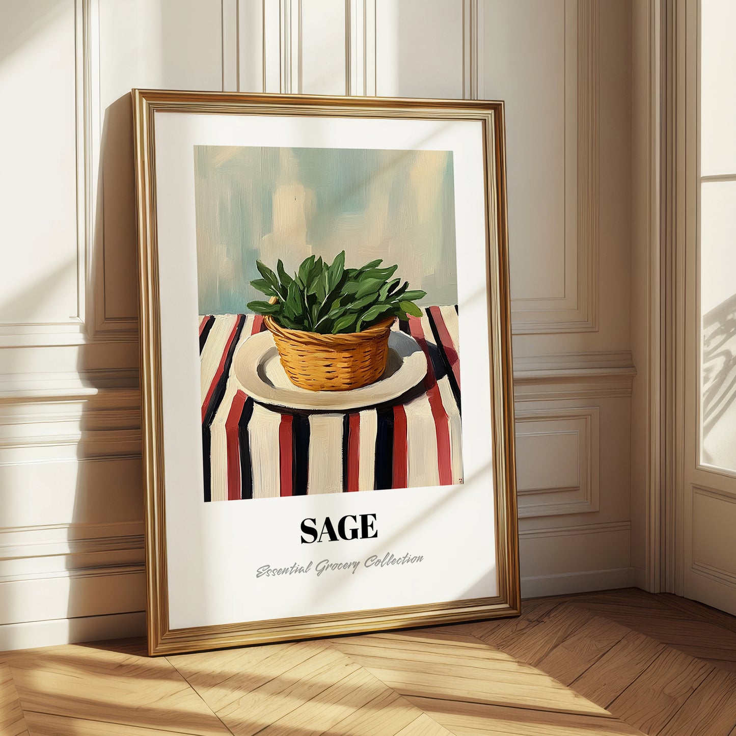 Sage – on Striped Tablecloth, Fresh Herbs Painting