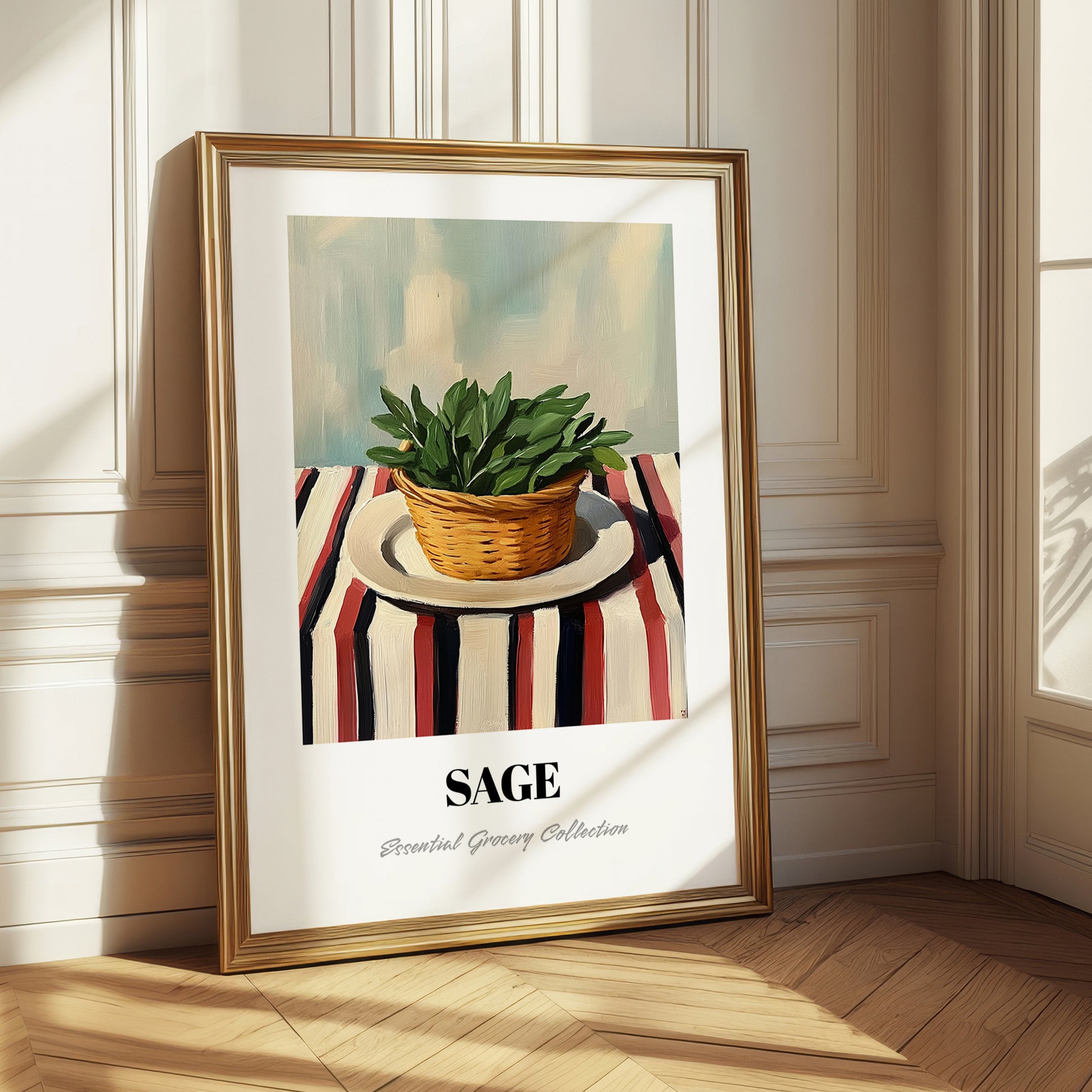 Sage – on Striped Tablecloth, Fresh Herbs Painting