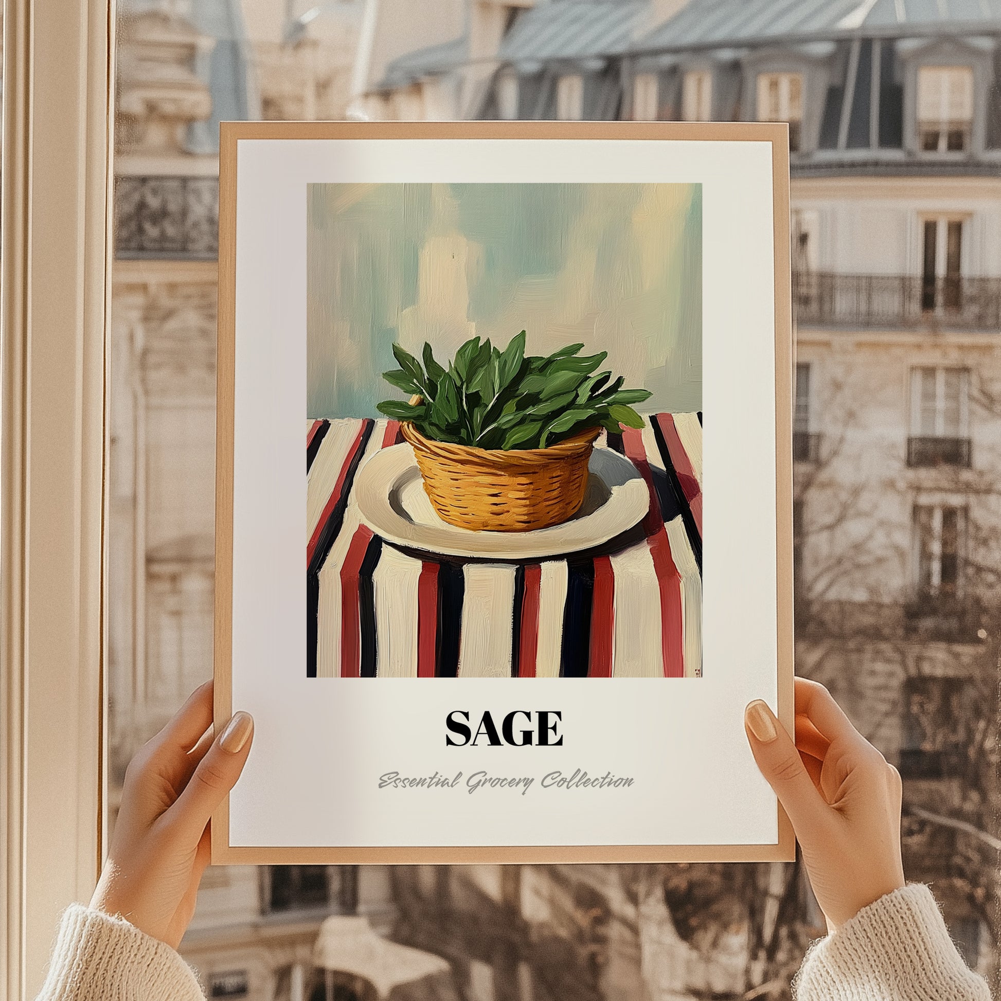 Sage – on Striped Tablecloth, Fresh Herbs Painting, styled in a charming Paris street view