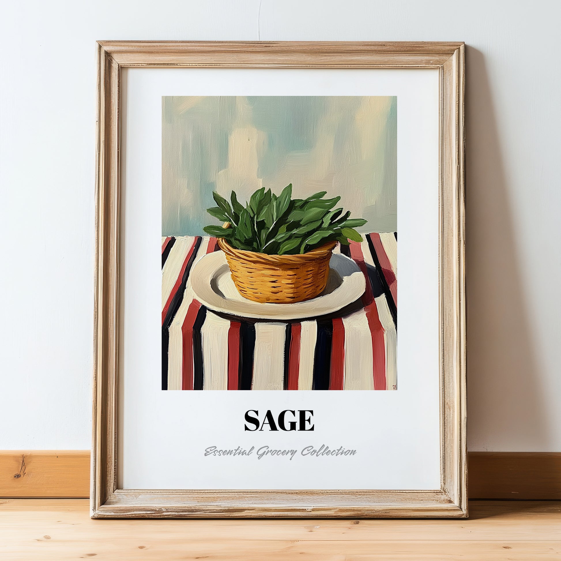 Sage – on Striped Tablecloth, Fresh Herbs Painting, in wooden frame leaning on the floor