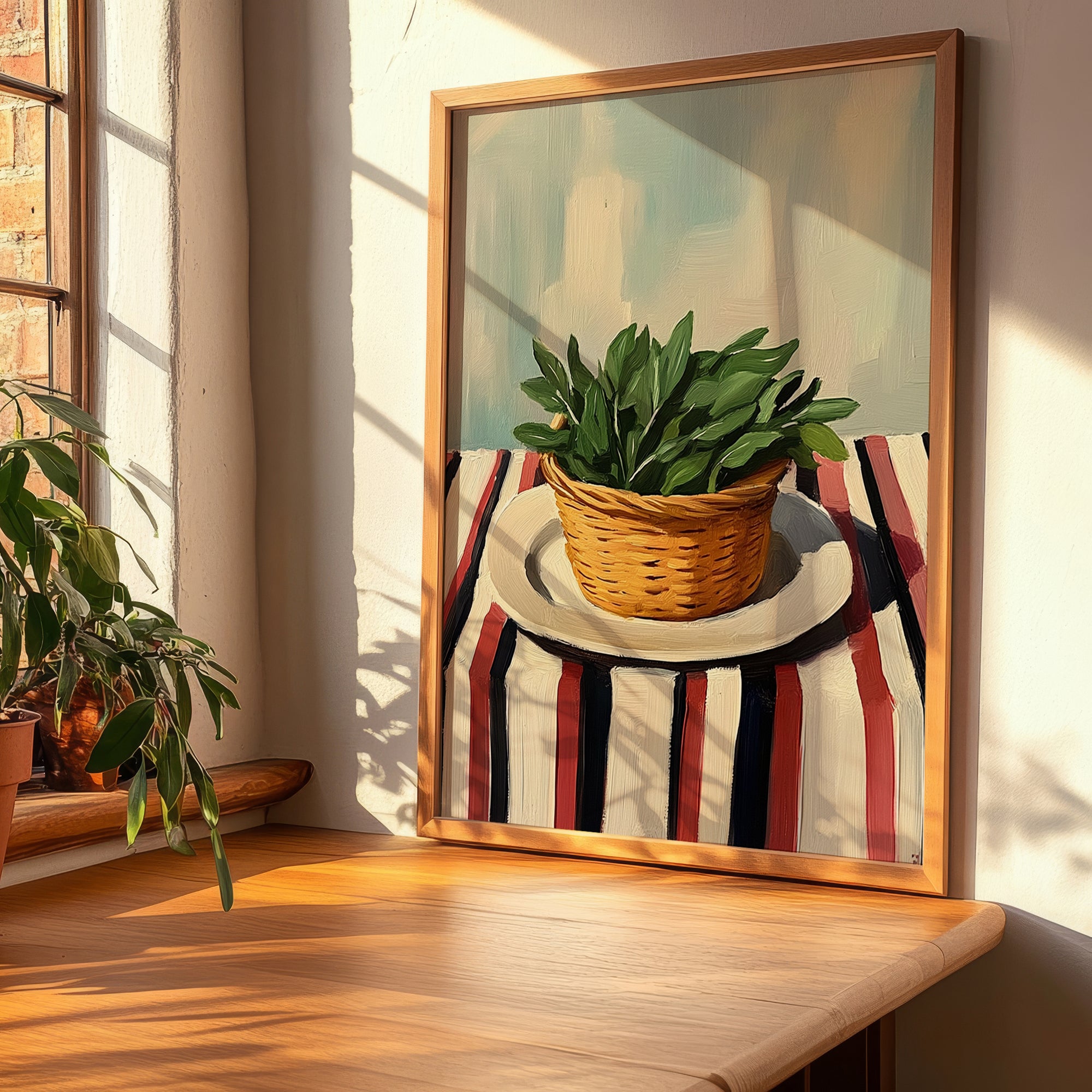 Sage – on Striped Tablecloth, Fresh Herbs Painting, clean layout with no caption