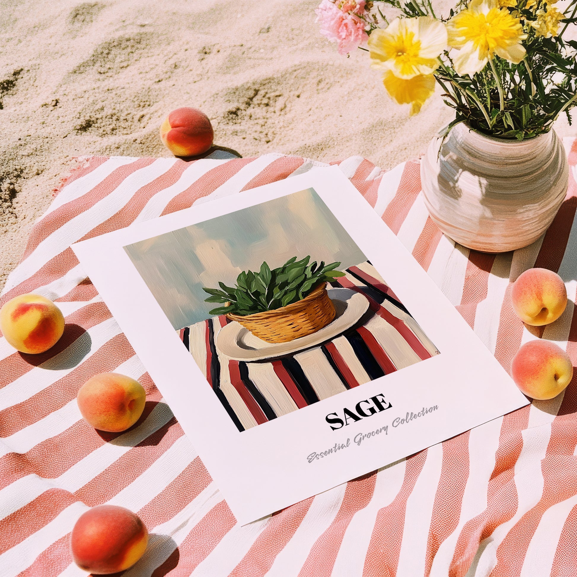 Sage – on Striped Tablecloth, Fresh Herbs Painting, unframed on coastal sand
