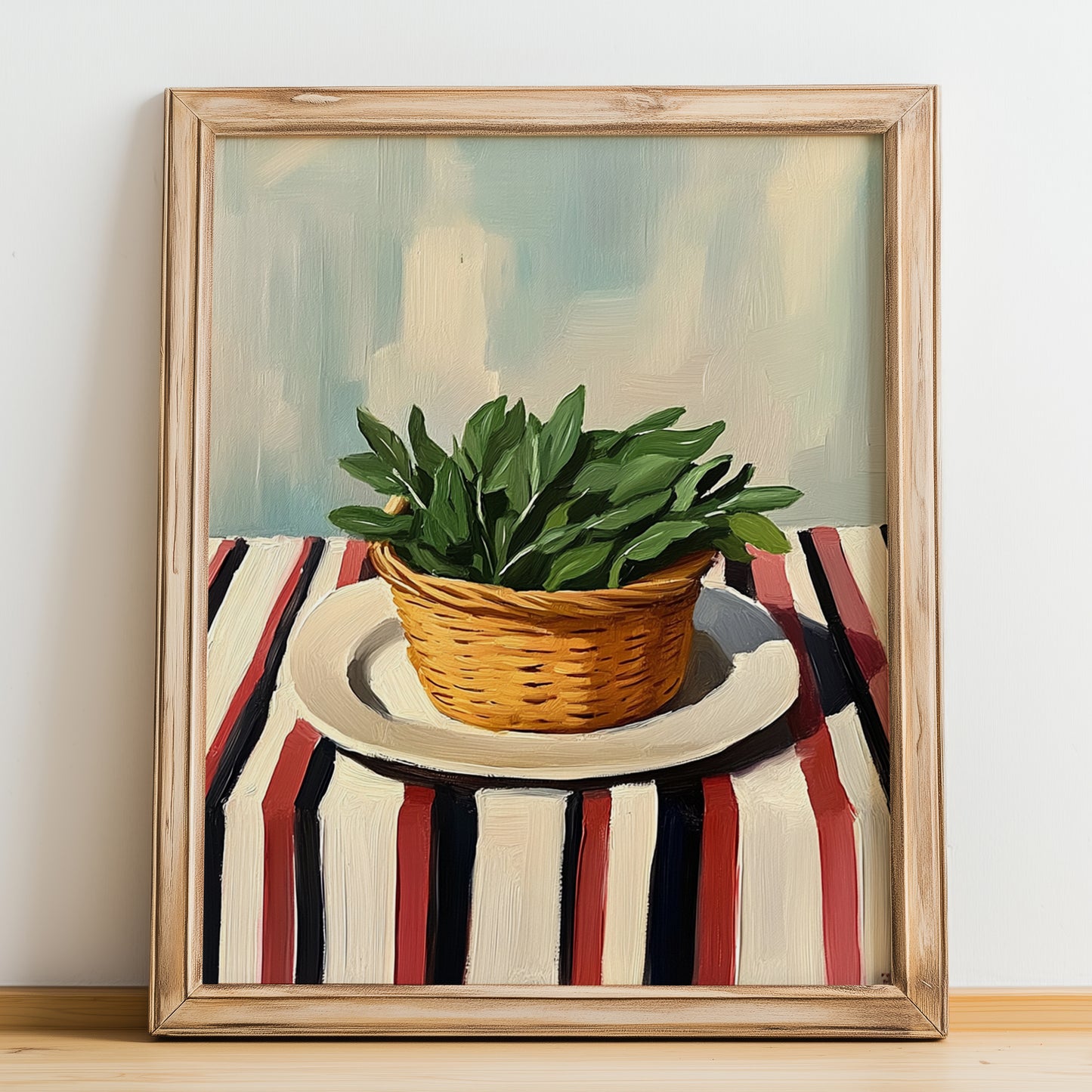 Sage – on Striped Tablecloth, Fresh Herbs Painting, no-text version framed in wood