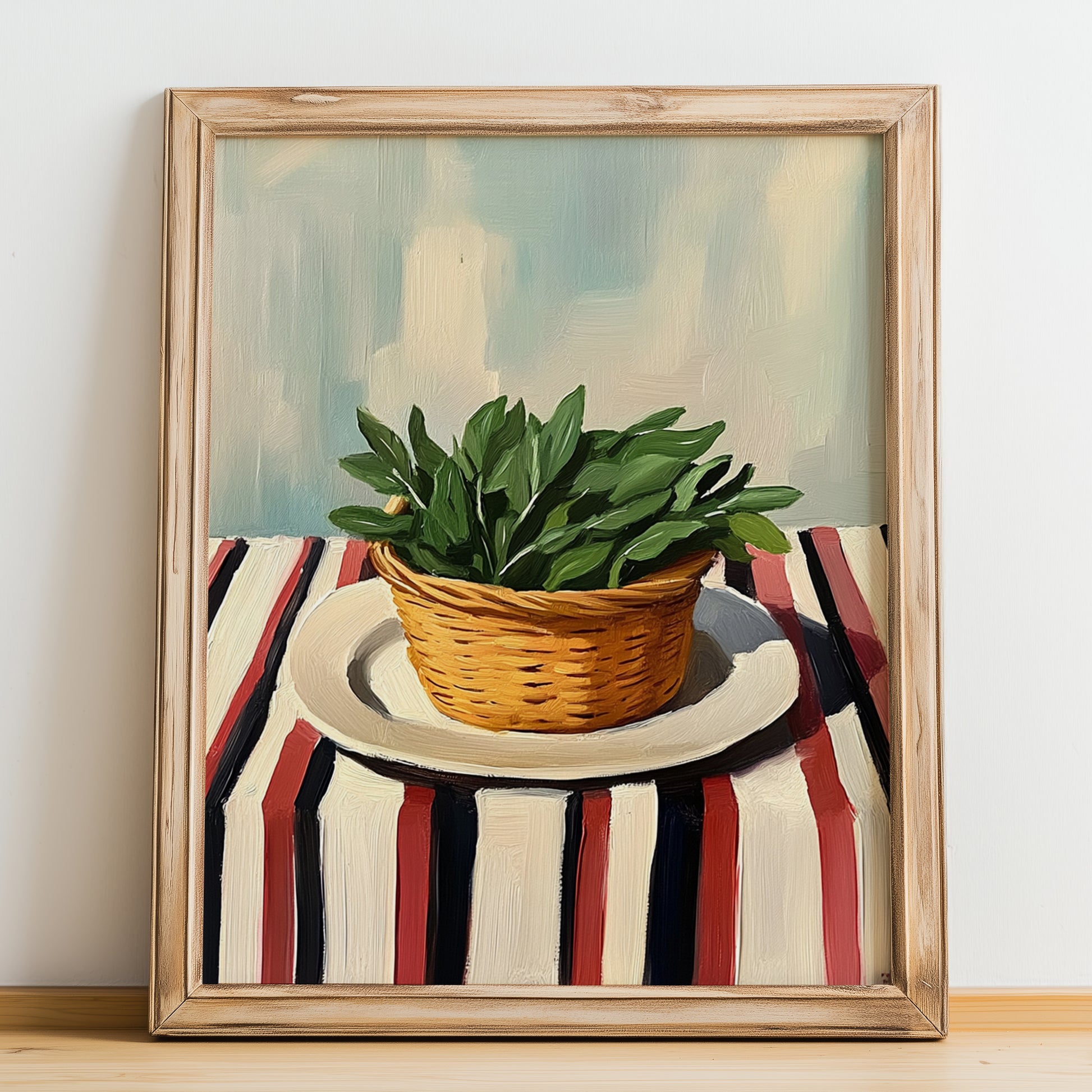 Sage – on Striped Tablecloth, Fresh Herbs Painting, no-text version framed in wood
