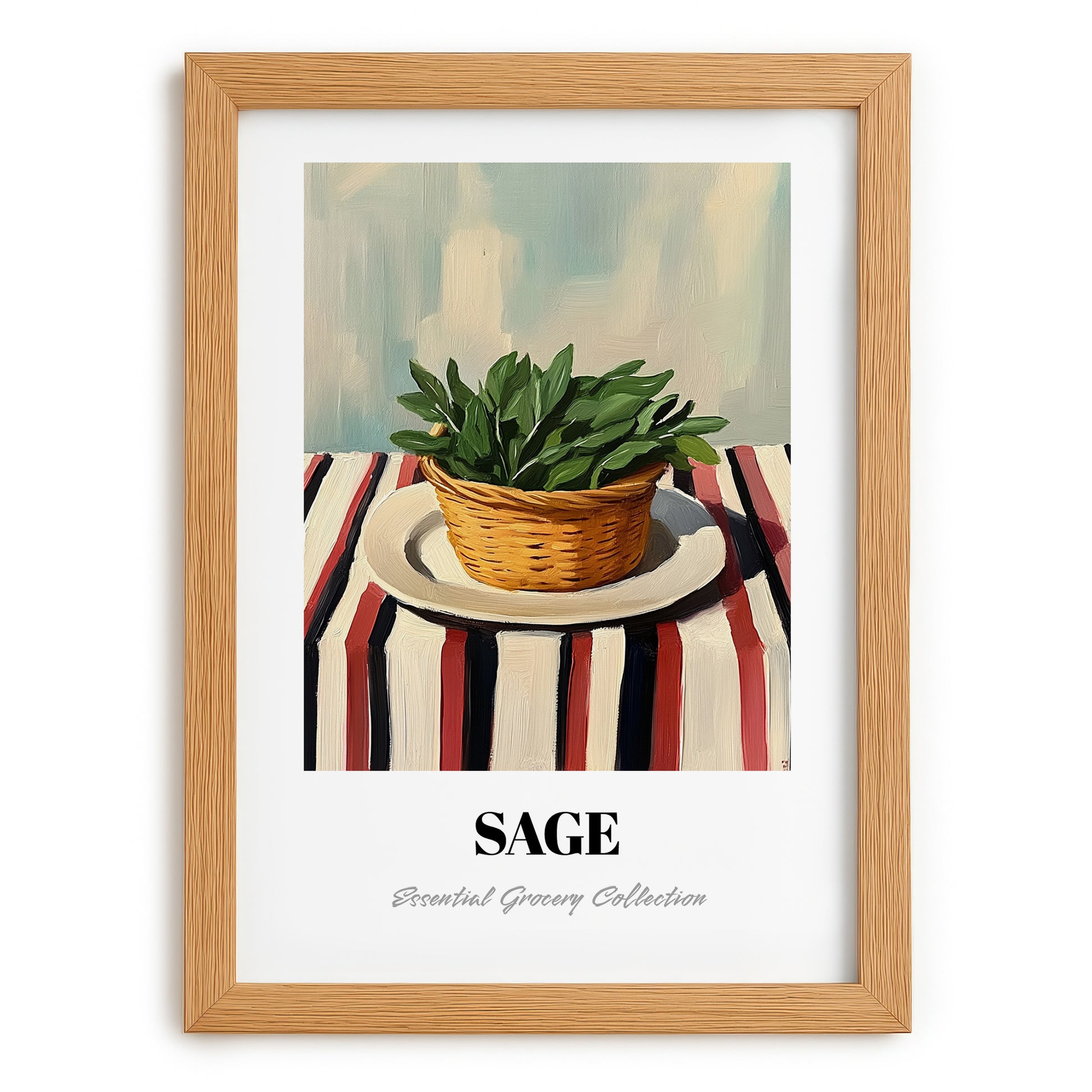 Sage – on Striped Tablecloth, Fresh Herbs Painting, set in oak frame