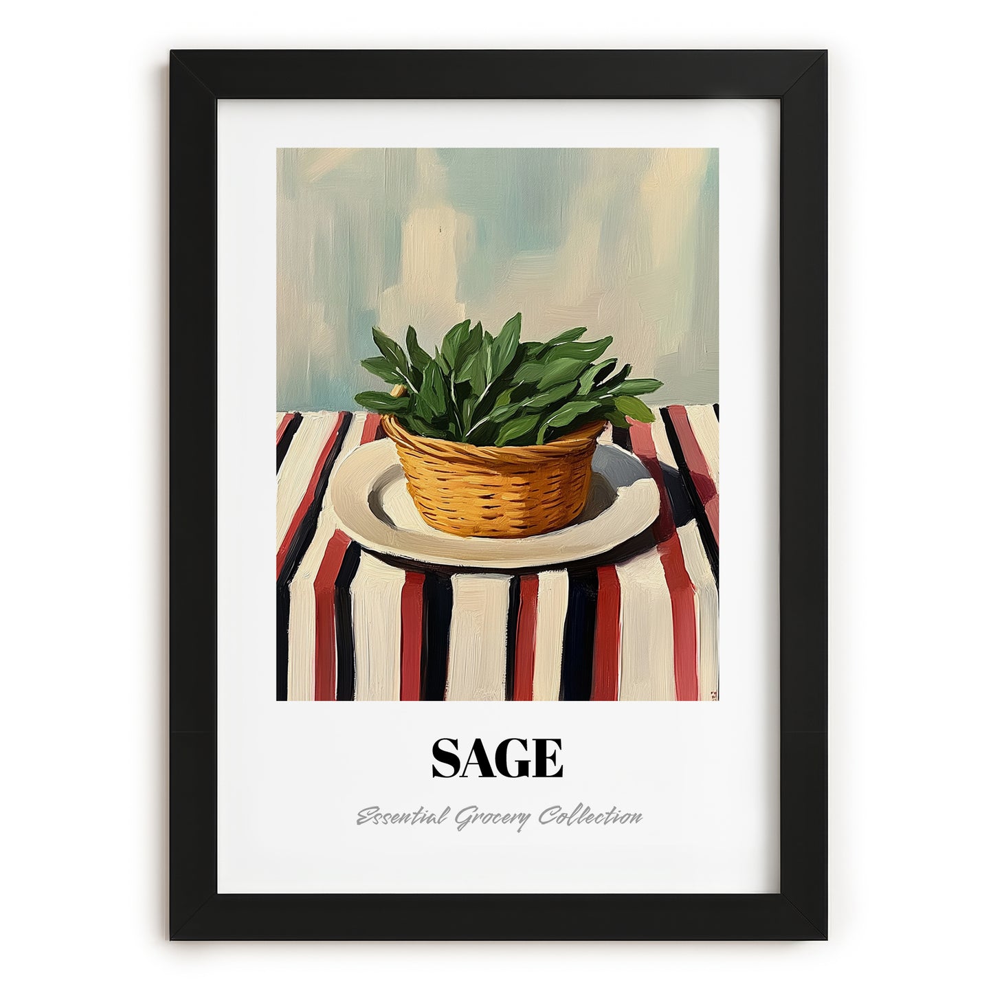 Sage – on Striped Tablecloth, Fresh Herbs Painting, in sleek black frame