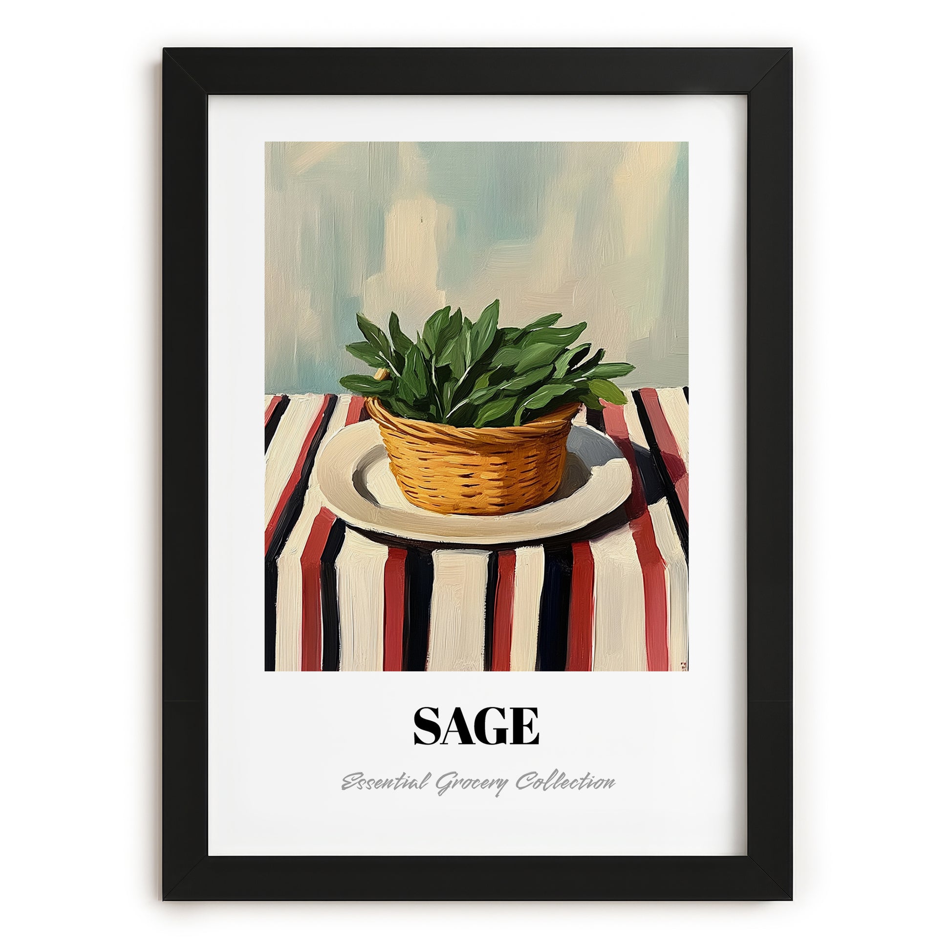 Sage – on Striped Tablecloth, Fresh Herbs Painting, in sleek black frame