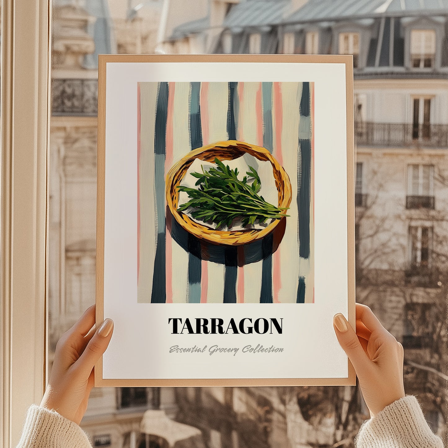 Tarragon – on Striped Tablecloth, Fresh Herbs Poster, styled in a charming Paris street view