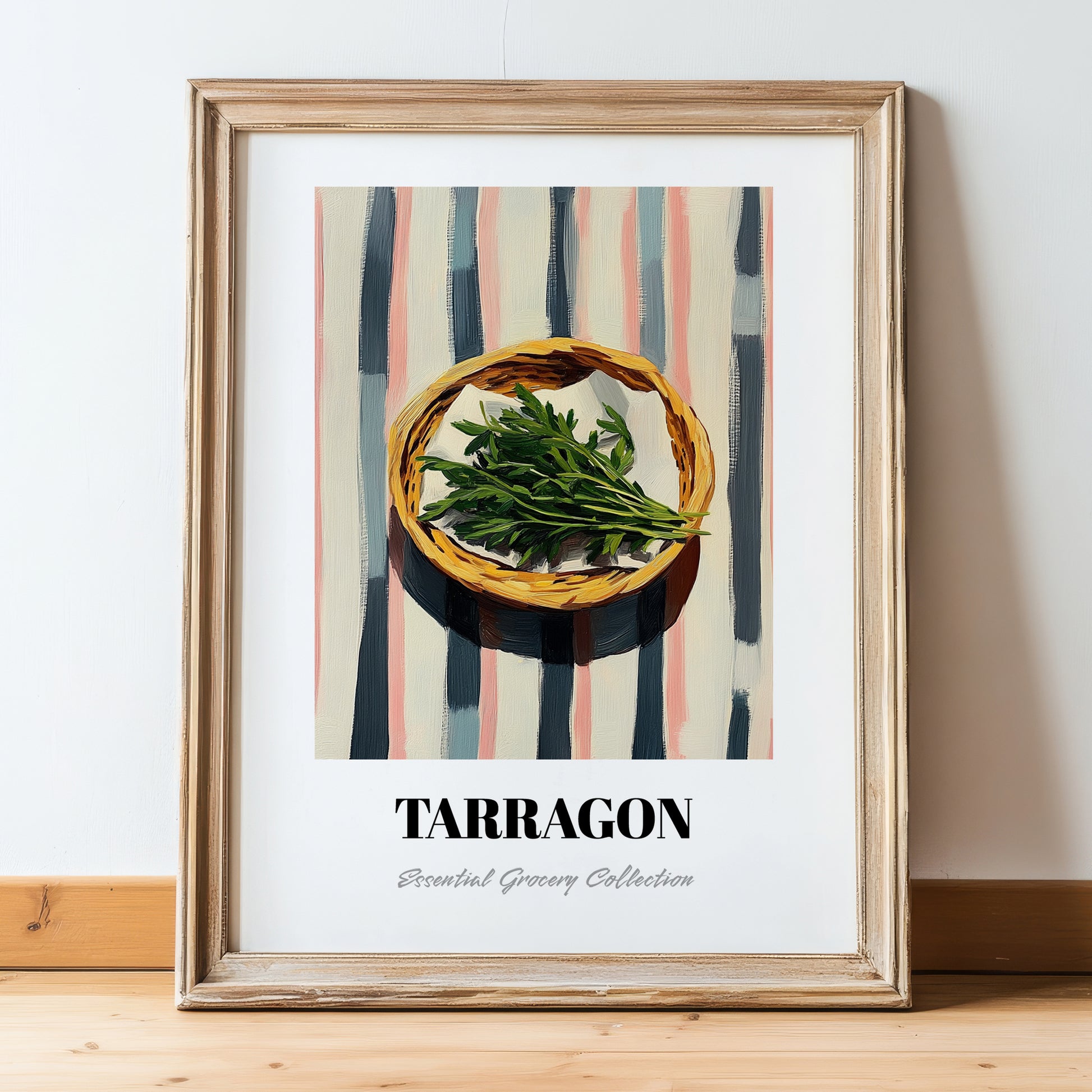 Tarragon – on Striped Tablecloth, Fresh Herbs Poster, in wooden frame leaning on the floor