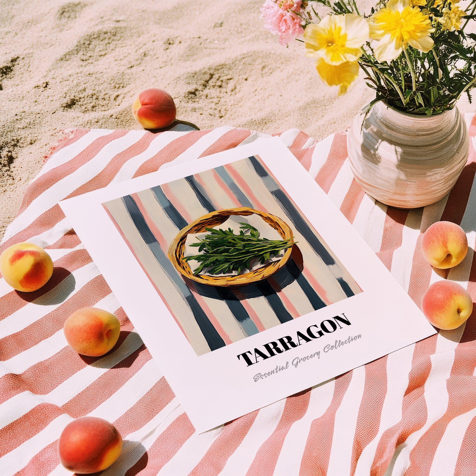 Tarragon – on Striped Tablecloth, Fresh Herbs Poster, unframed on coastal sand