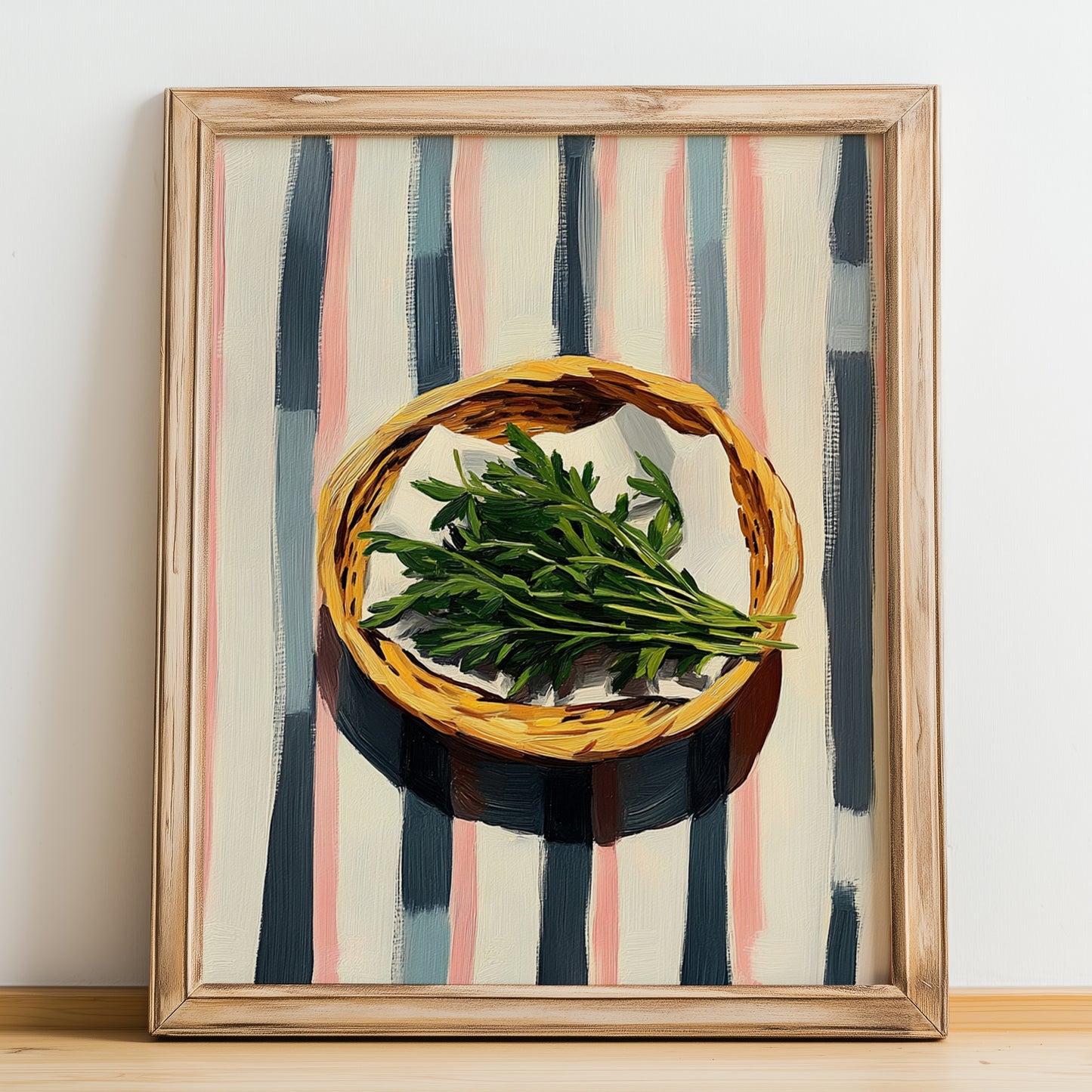 Tarragon – on Striped Tablecloth, Fresh Herbs Poster, no-text version framed in wood