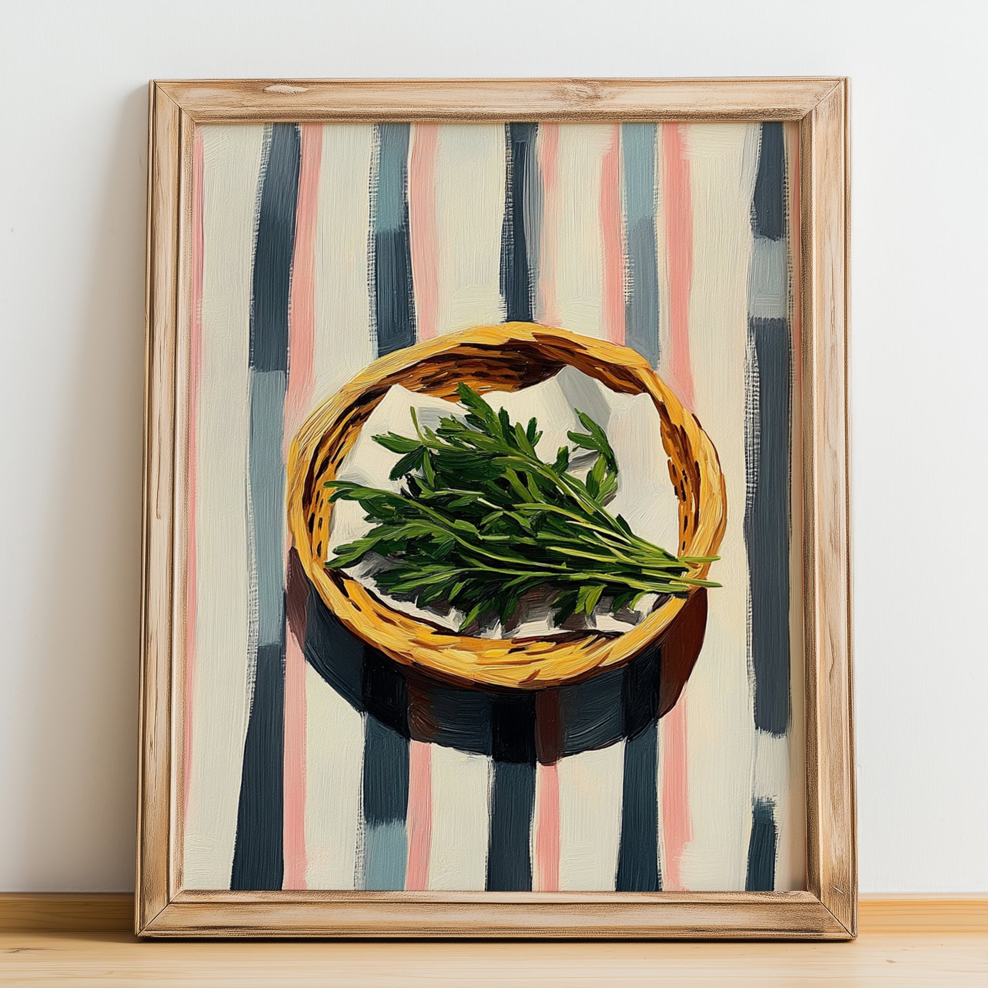 Tarragon – on Striped Tablecloth, Fresh Herbs Poster, no-text version framed in wood