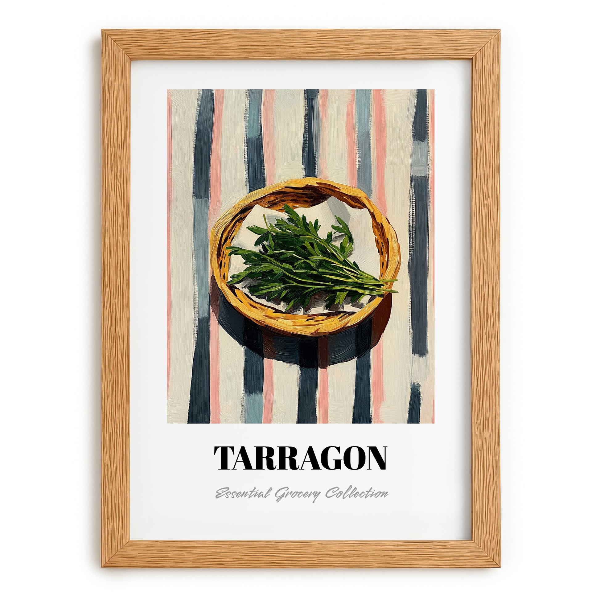 Tarragon – on Striped Tablecloth, Fresh Herbs Poster, set in oak frame