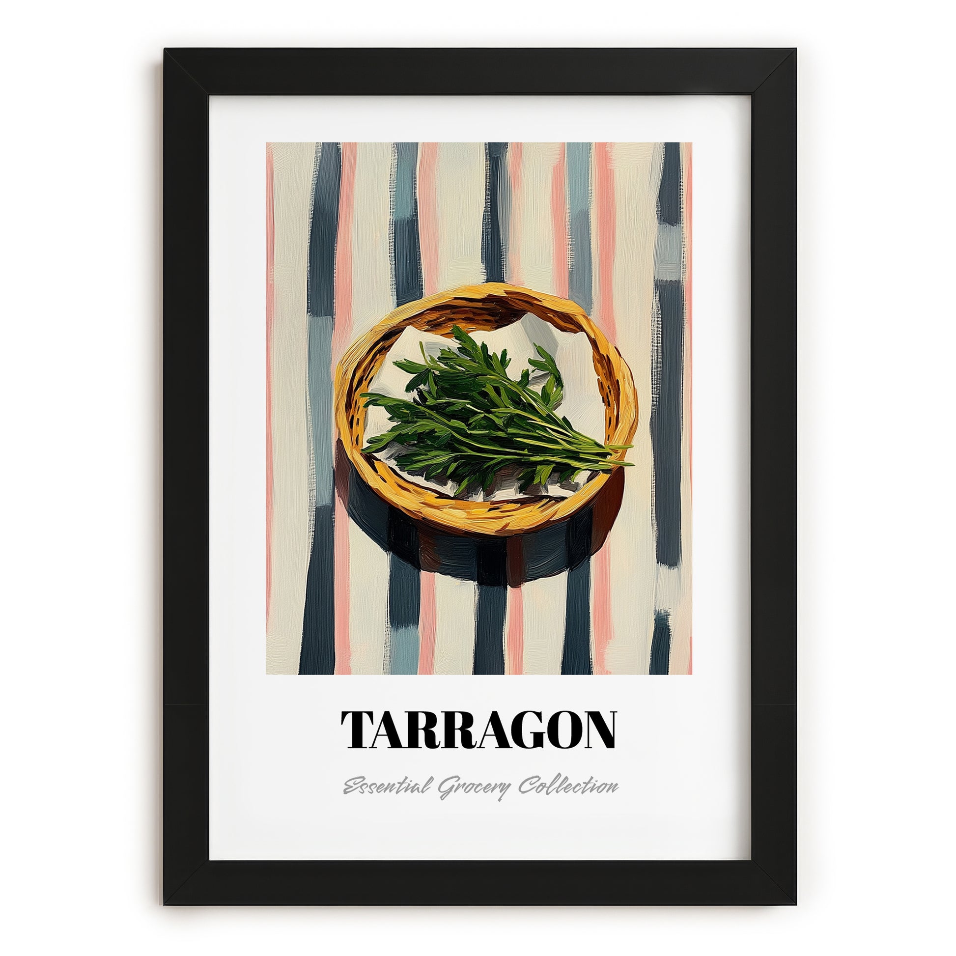 Tarragon – on Striped Tablecloth, Fresh Herbs Poster, in sleek black frame