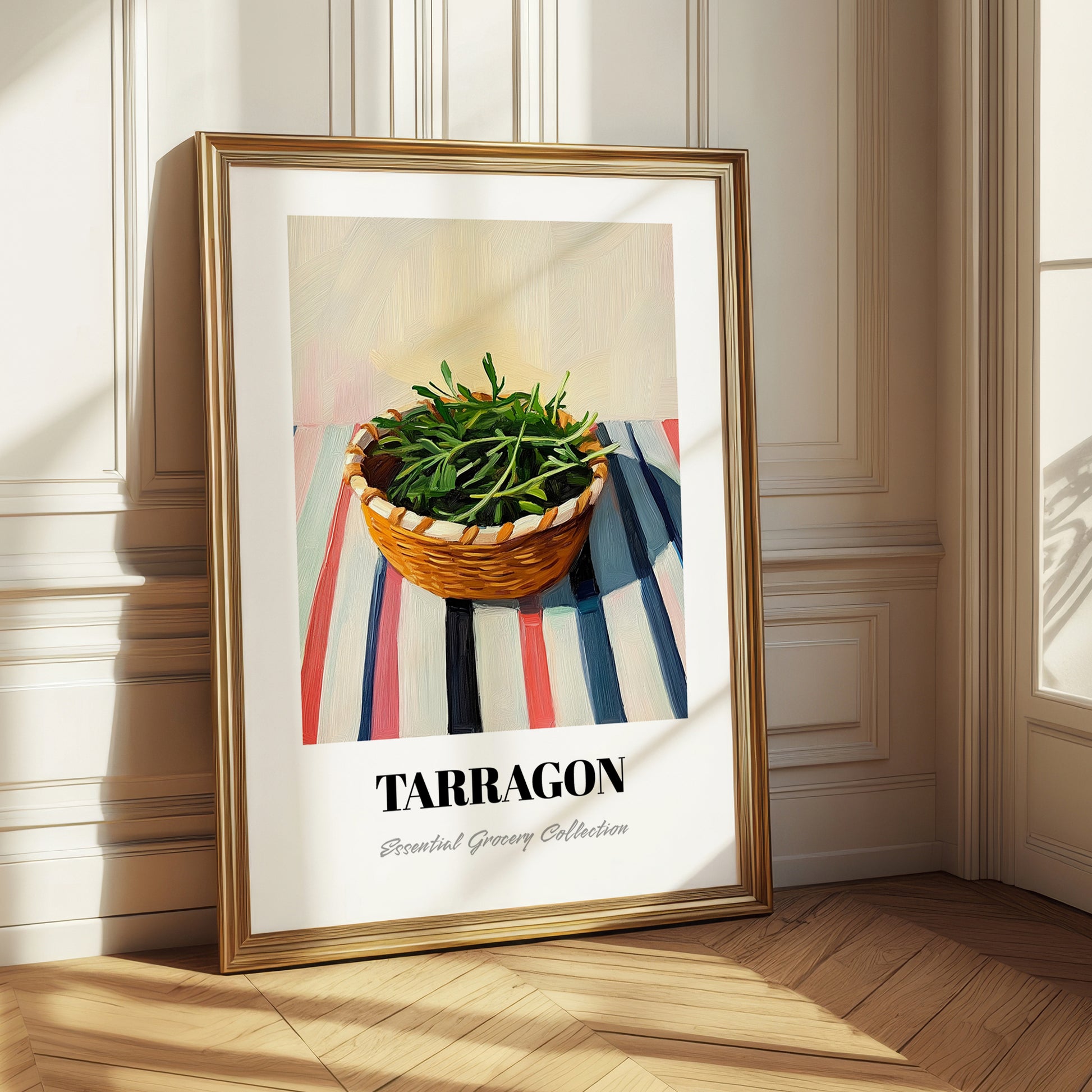 Tarragon – on Striped Tablecloth, Fresh Herbs Still Life
