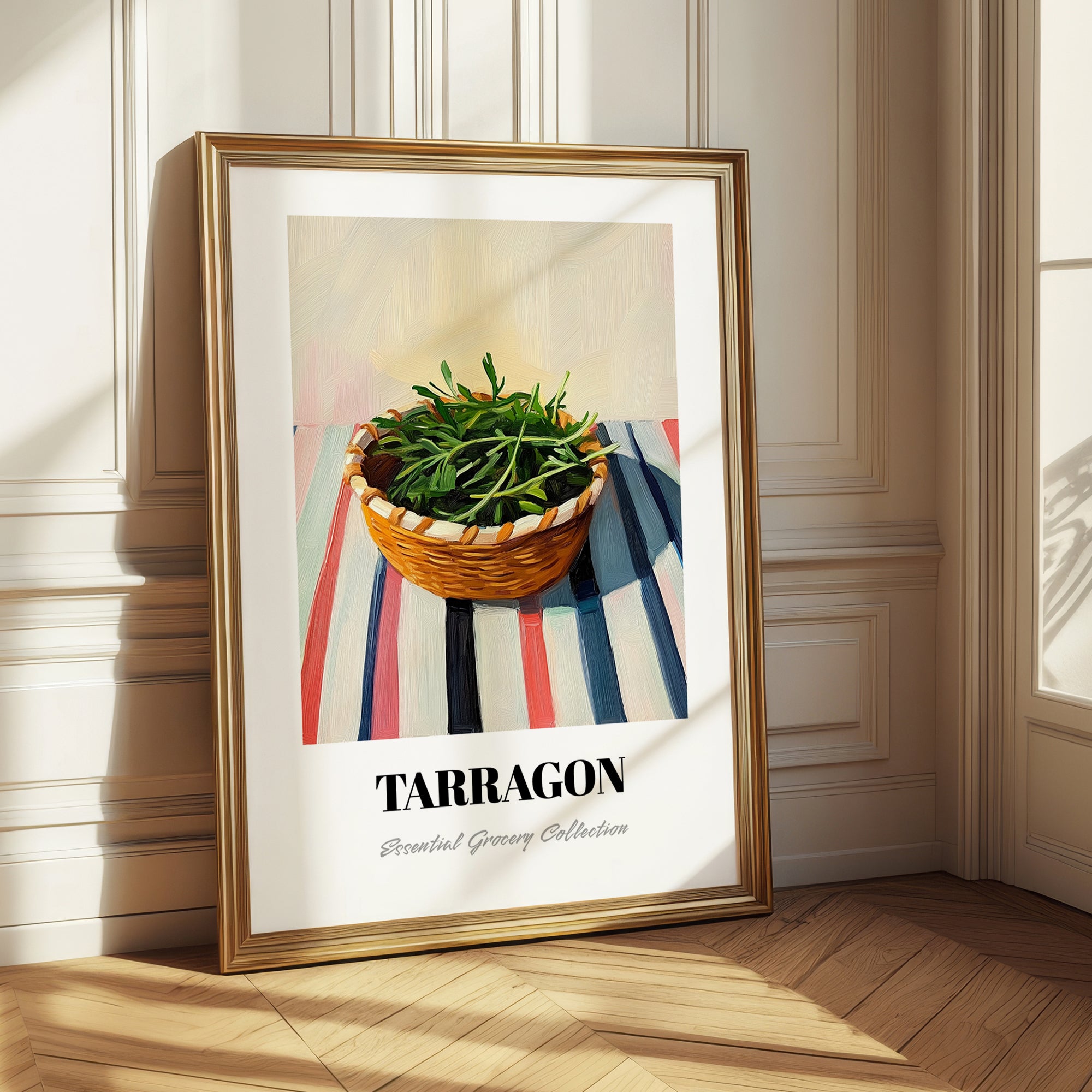 Tarragon – on Striped Tablecloth, Fresh Herbs Still Life