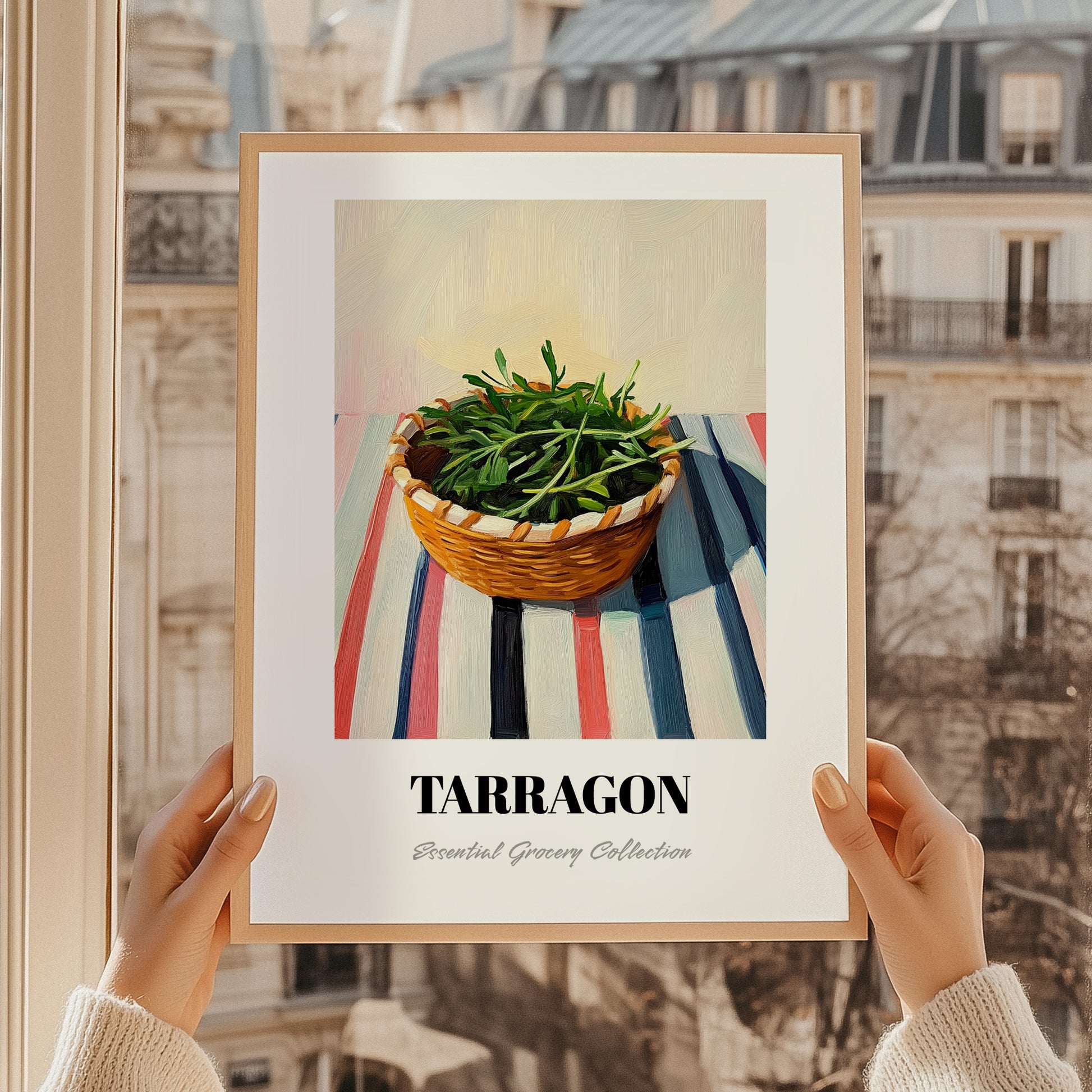 Tarragon – on Striped Tablecloth, Fresh Herbs Still Life, styled in a charming Paris street view