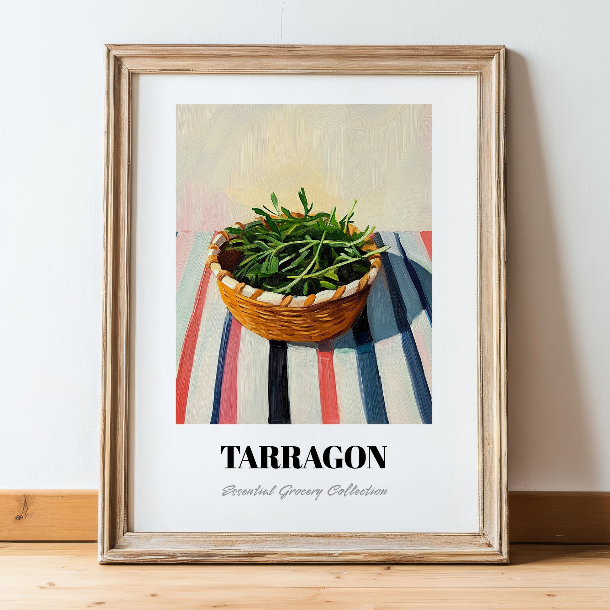Tarragon – on Striped Tablecloth, Fresh Herbs Still Life, in wooden frame leaning on the floor