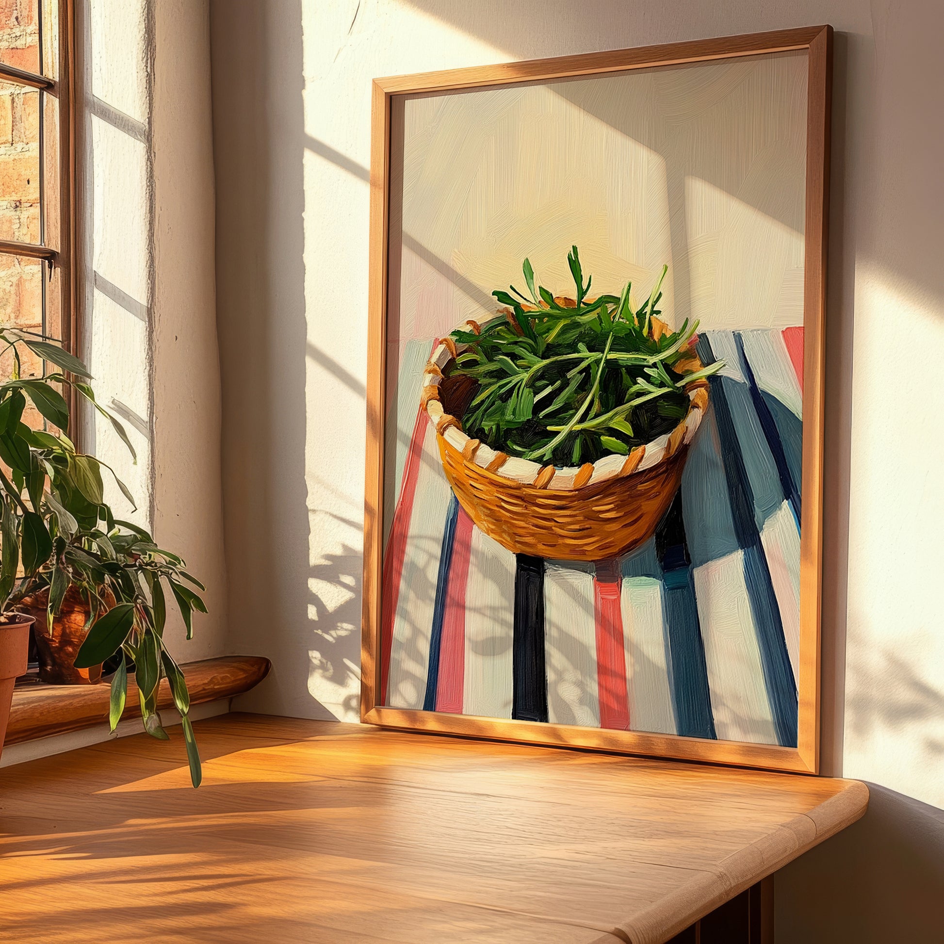 Tarragon – on Striped Tablecloth, Fresh Herbs Still Life, clean layout with no caption