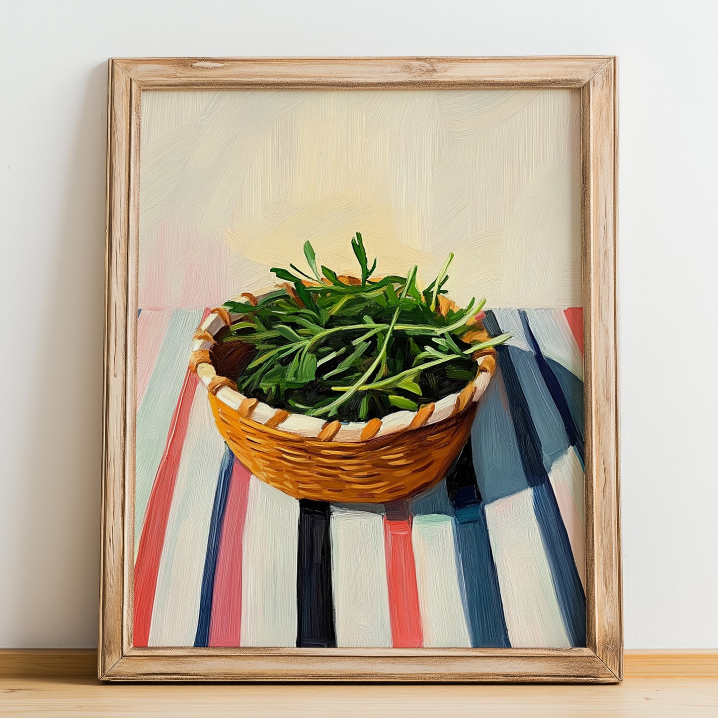 Tarragon – on Striped Tablecloth, Fresh Herbs Still Life, no-text version framed in wood