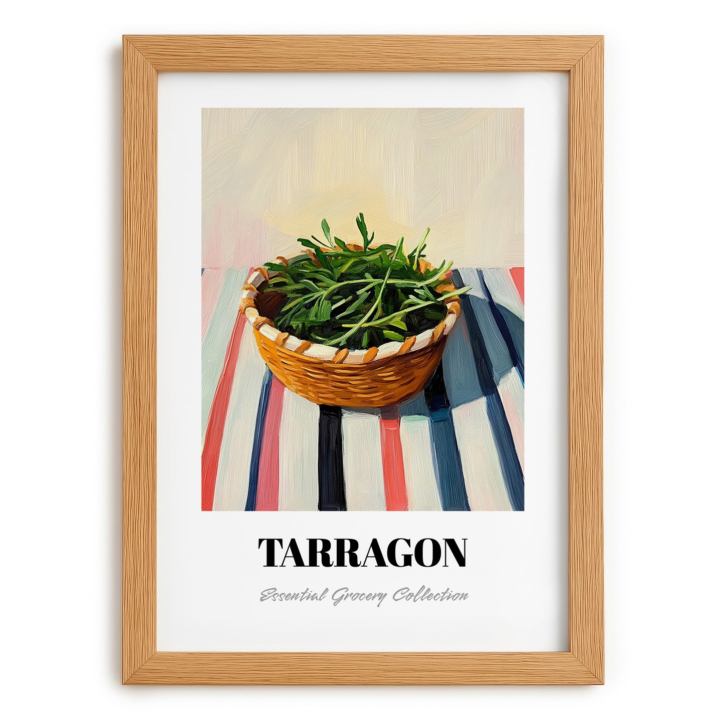 Tarragon – on Striped Tablecloth, Fresh Herbs Still Life, set in oak frame