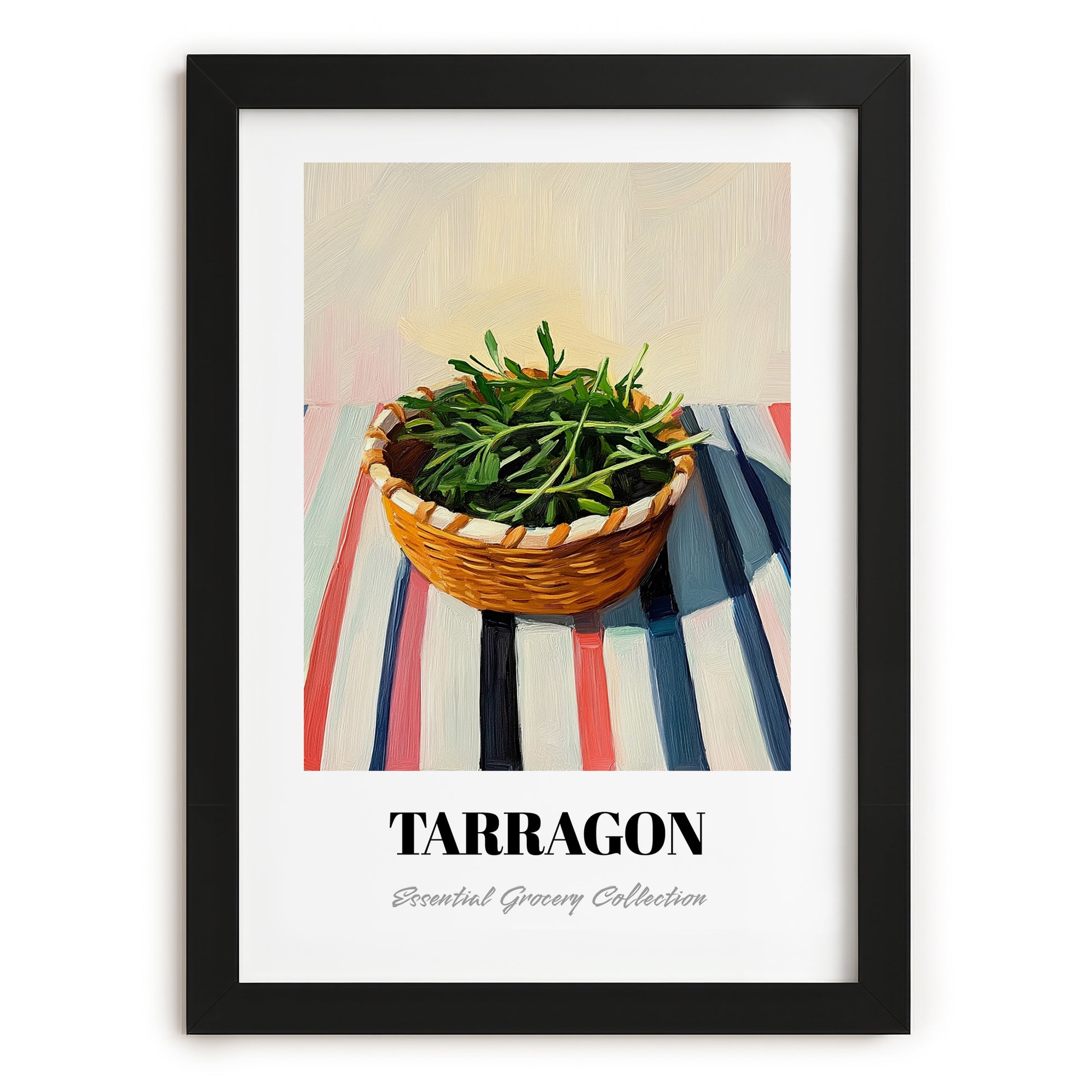 Tarragon – on Striped Tablecloth, Fresh Herbs Still Life, in sleek black frame