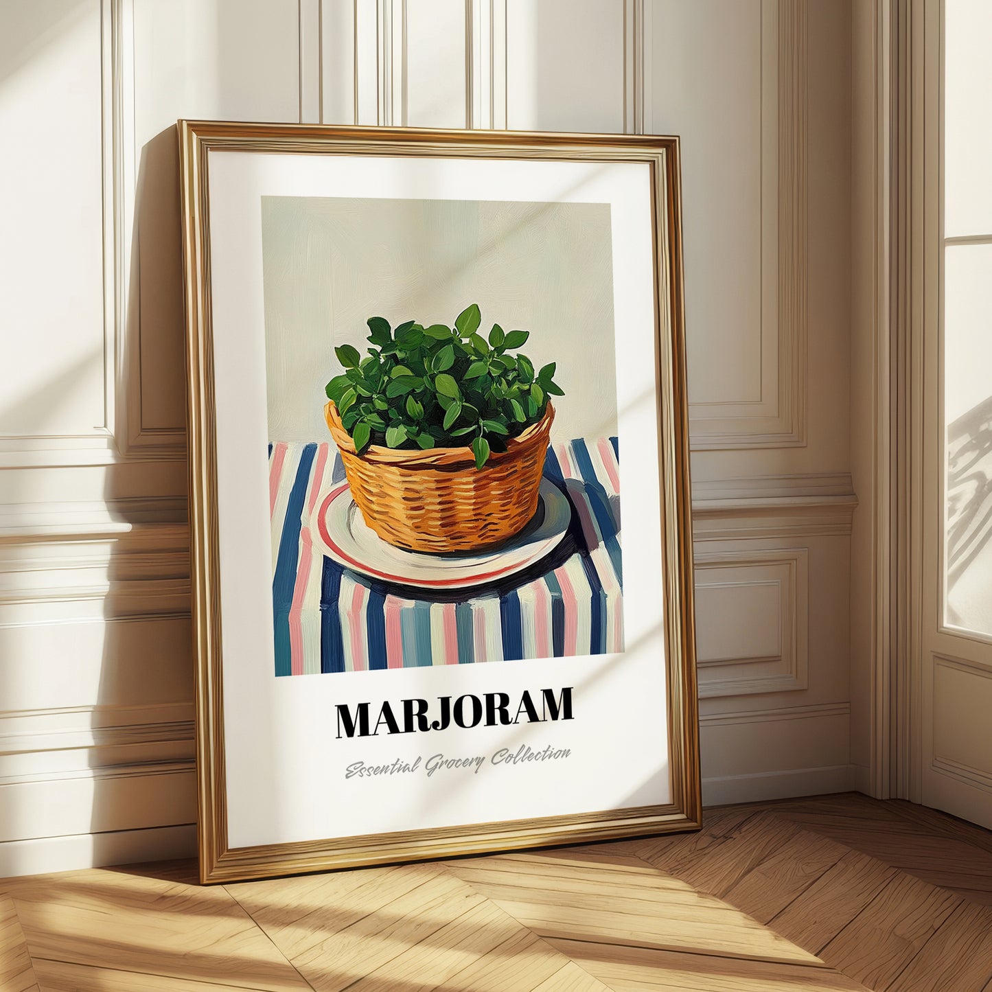 Marjoram – on Striped Tablecloth, Fresh Herbs Poster